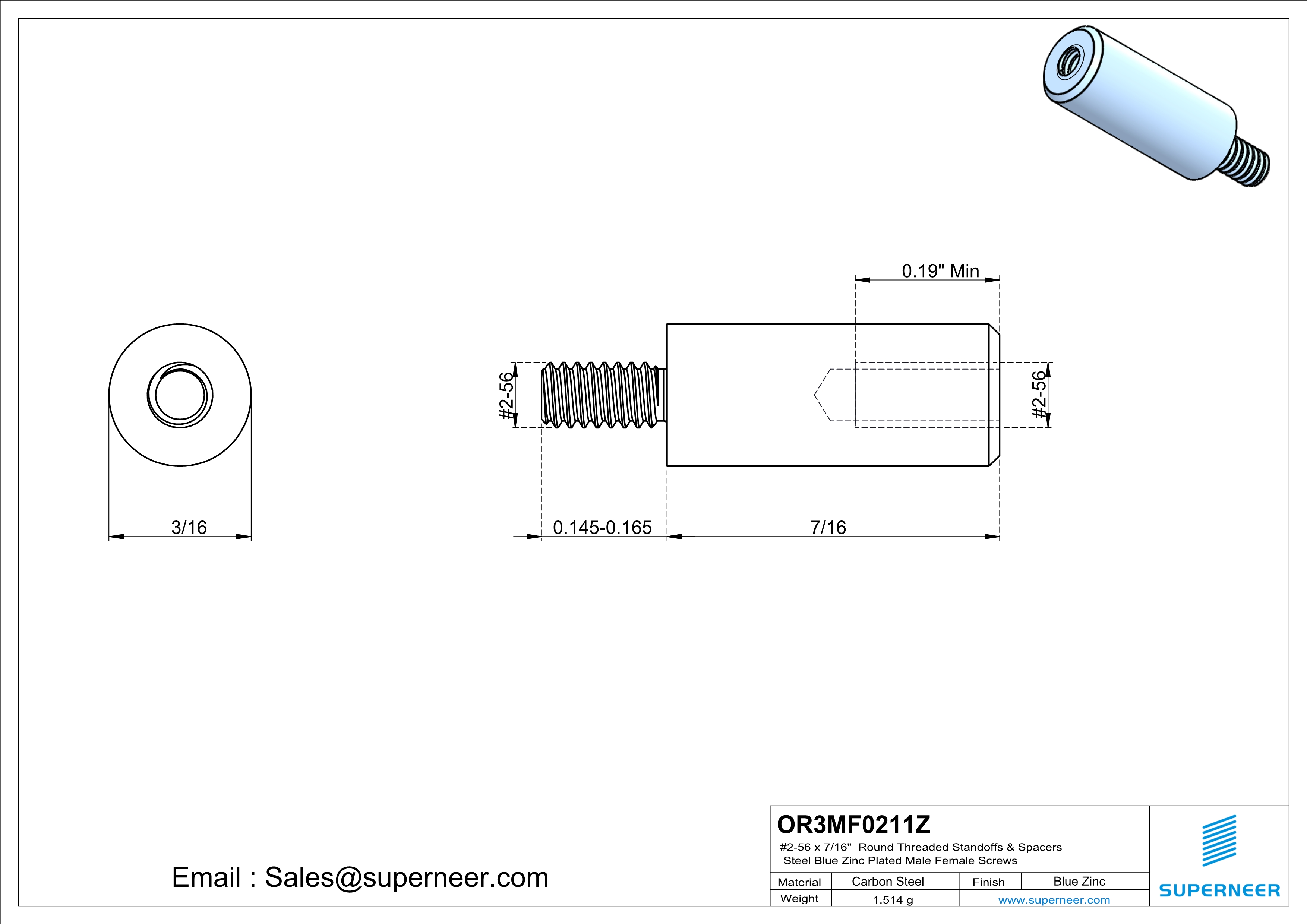 2-56 x 7/16" Round Threaded Standoffs & Spacers Steel Blue Zinc Plated Male Female Screws