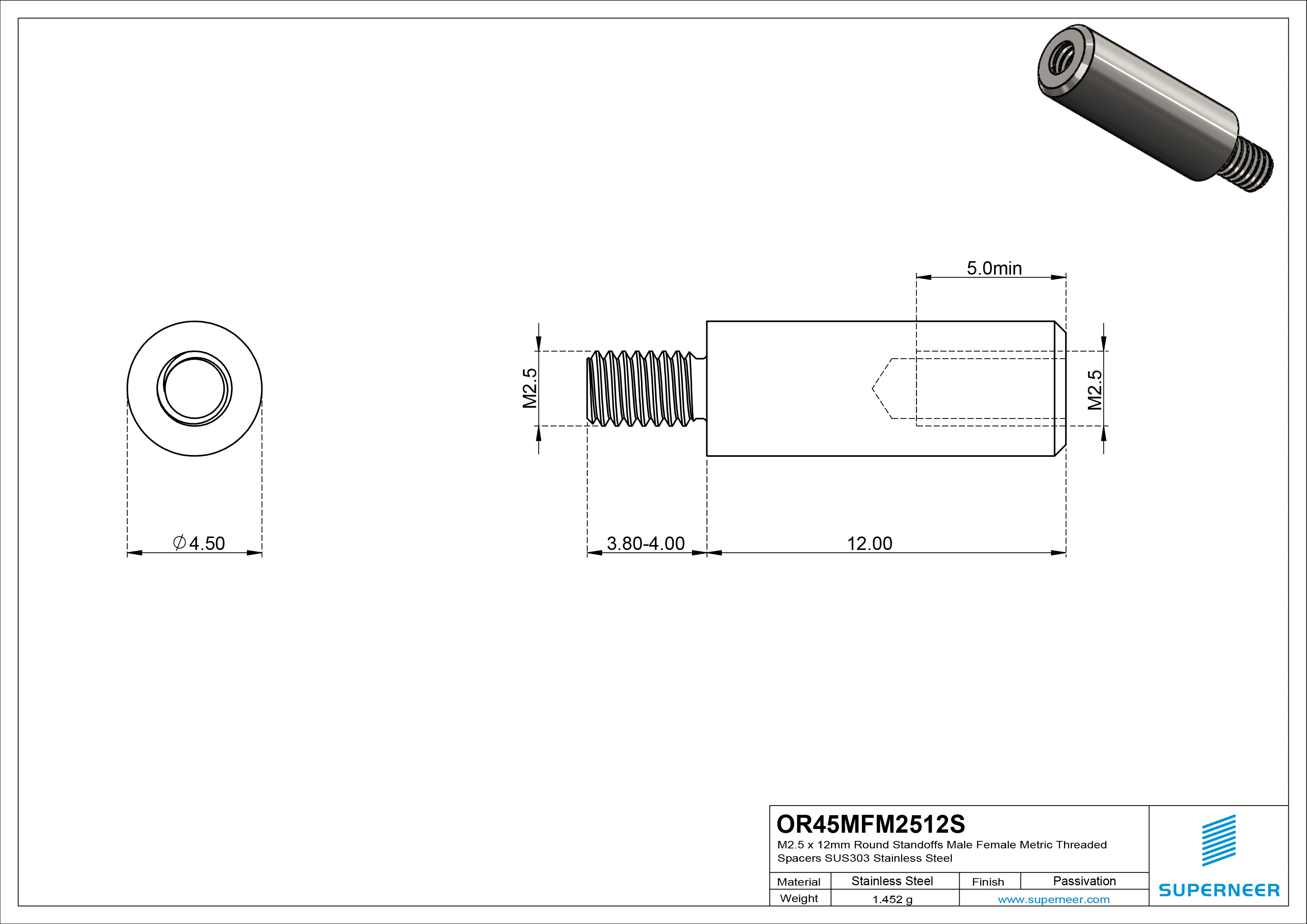 M2.5 x 12mm Round Standoffs Male Female Metric Threaded Spacers