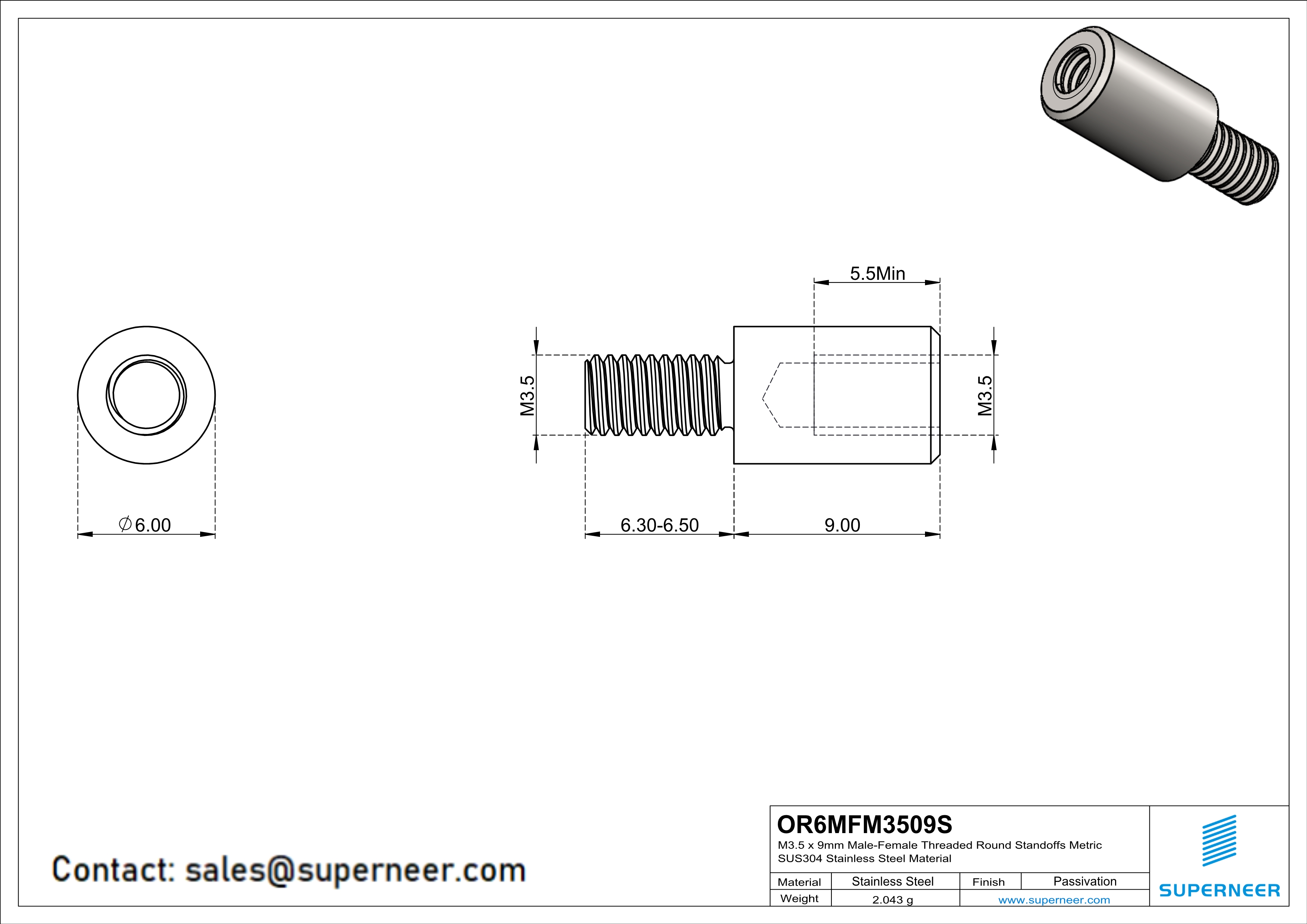 M3.5 x 9mm Male-Female Threaded Round Standoffs Metric SUS303 Stainless Steel Inox Material