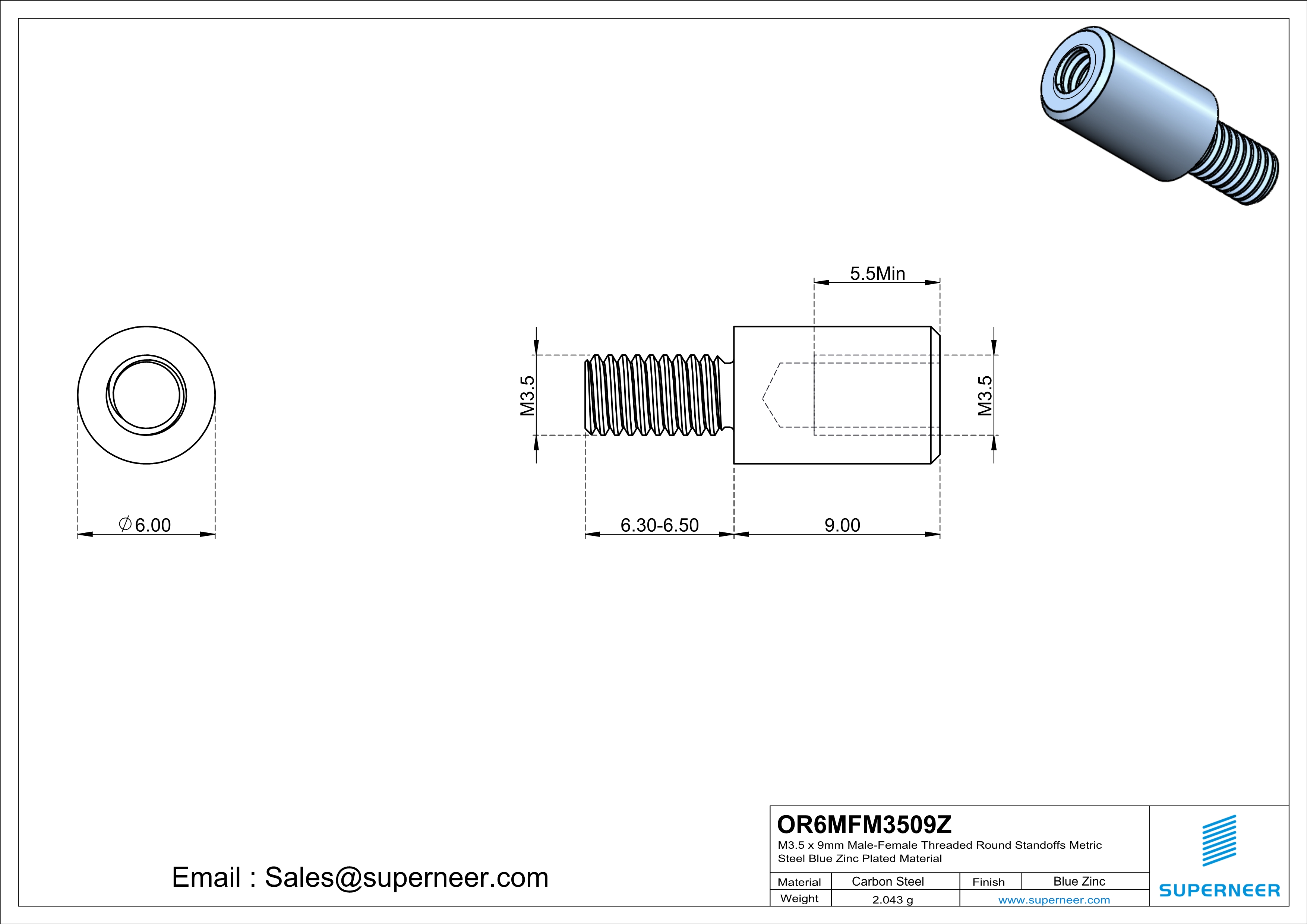 M3.5 x 9mm Male-Female Threaded Round Standoffs Metric Steel Blue Zinc Plated Material