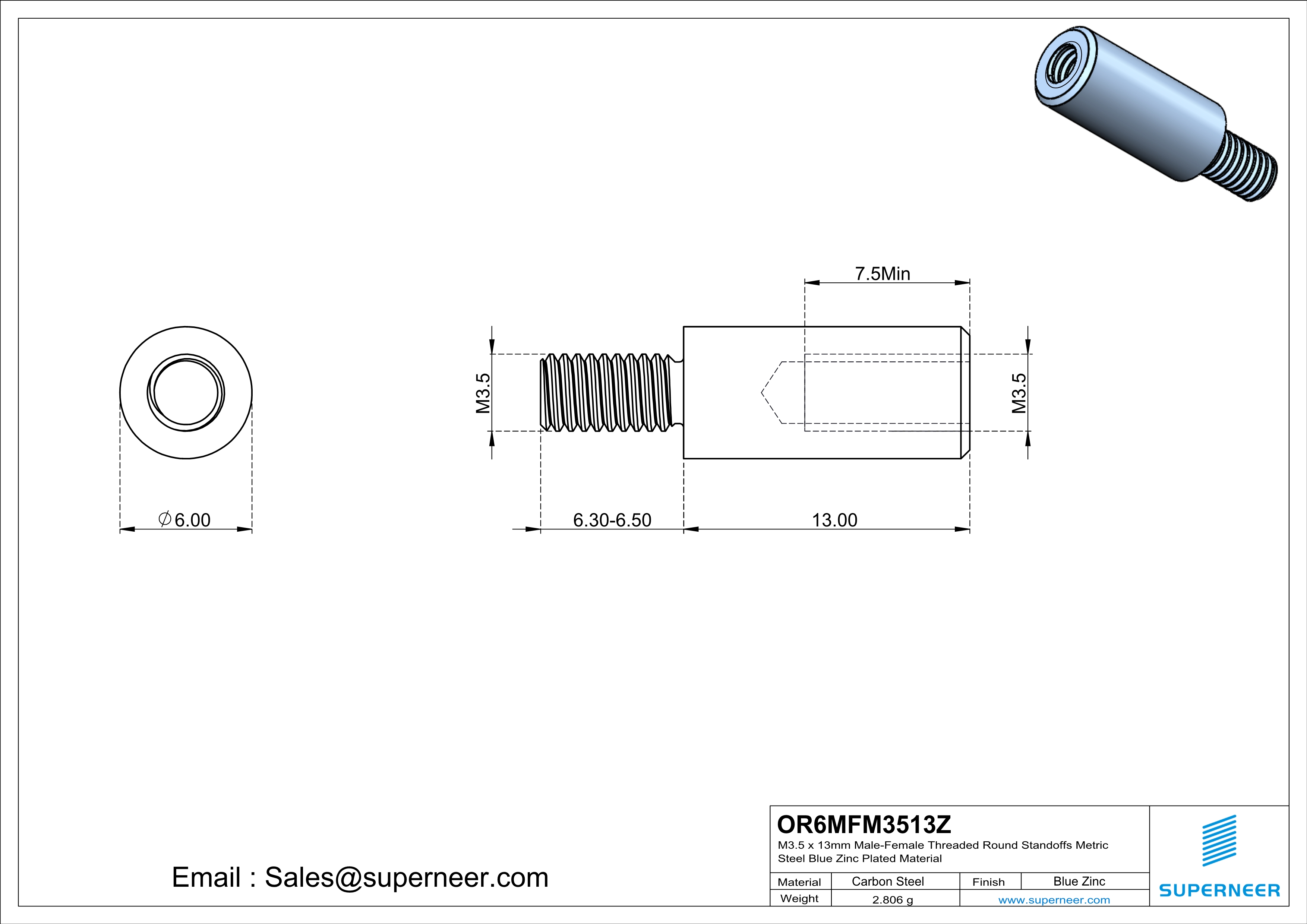 M3.5 x 13mm Male-Female Threaded Round Standoffs Metric Steel Blue Zinc Plated Material