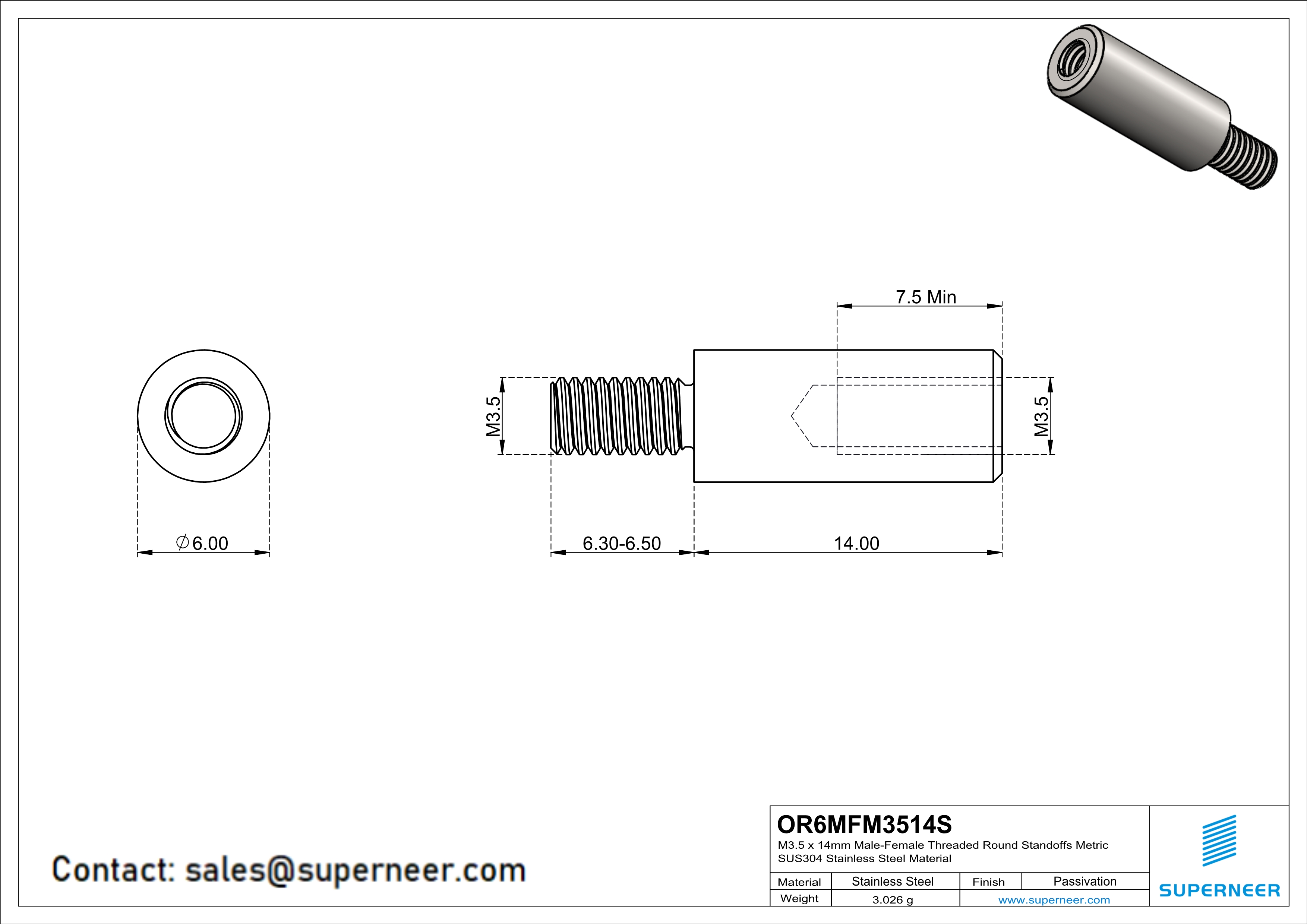 M3.5 x 14mm Male-Female Threaded Round Standoffs Metric SUS303 Stainless Steel Inox Material