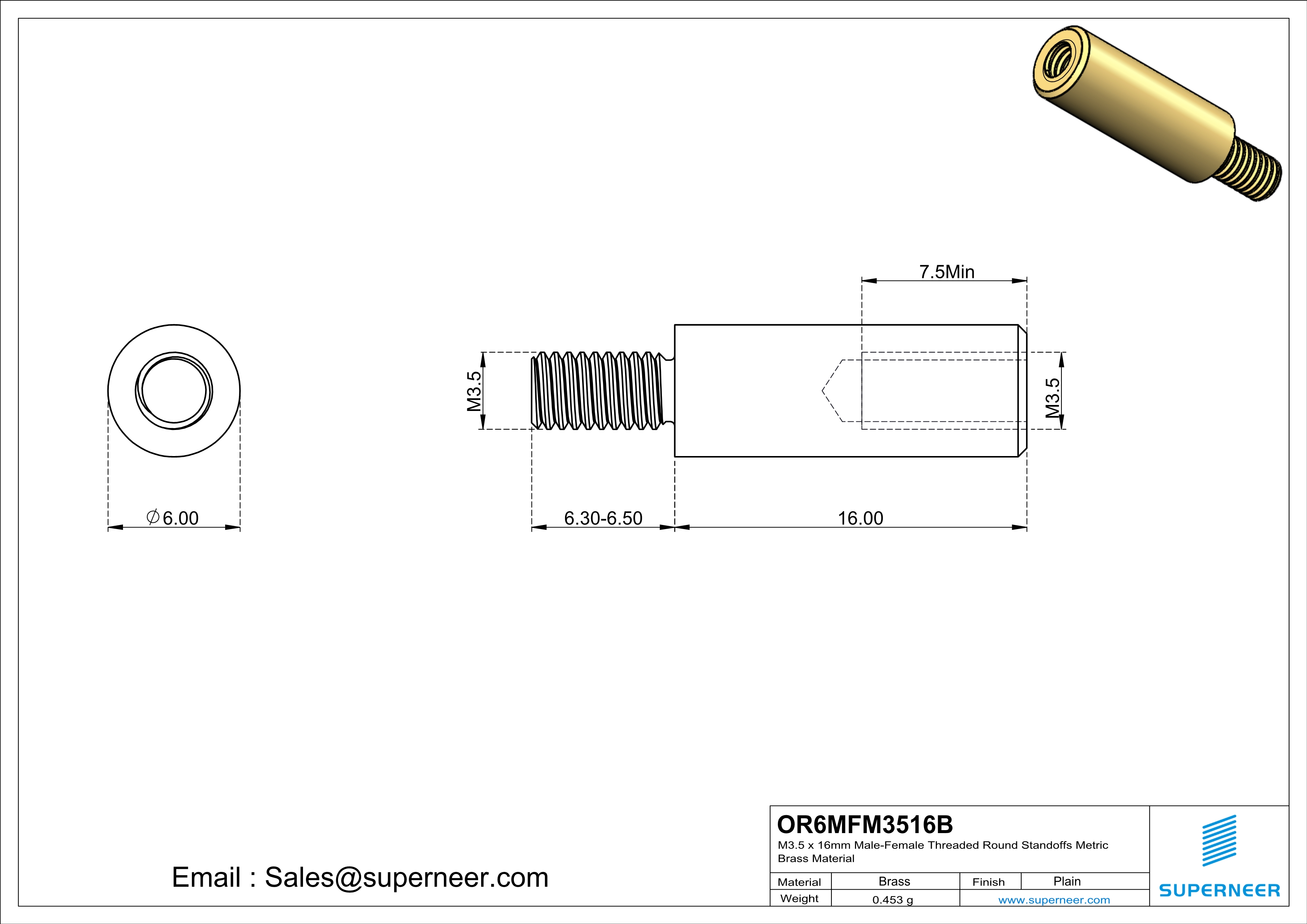 M3.5 x 16mm Male-Female Threaded Round Standoffs Metric Brass Material