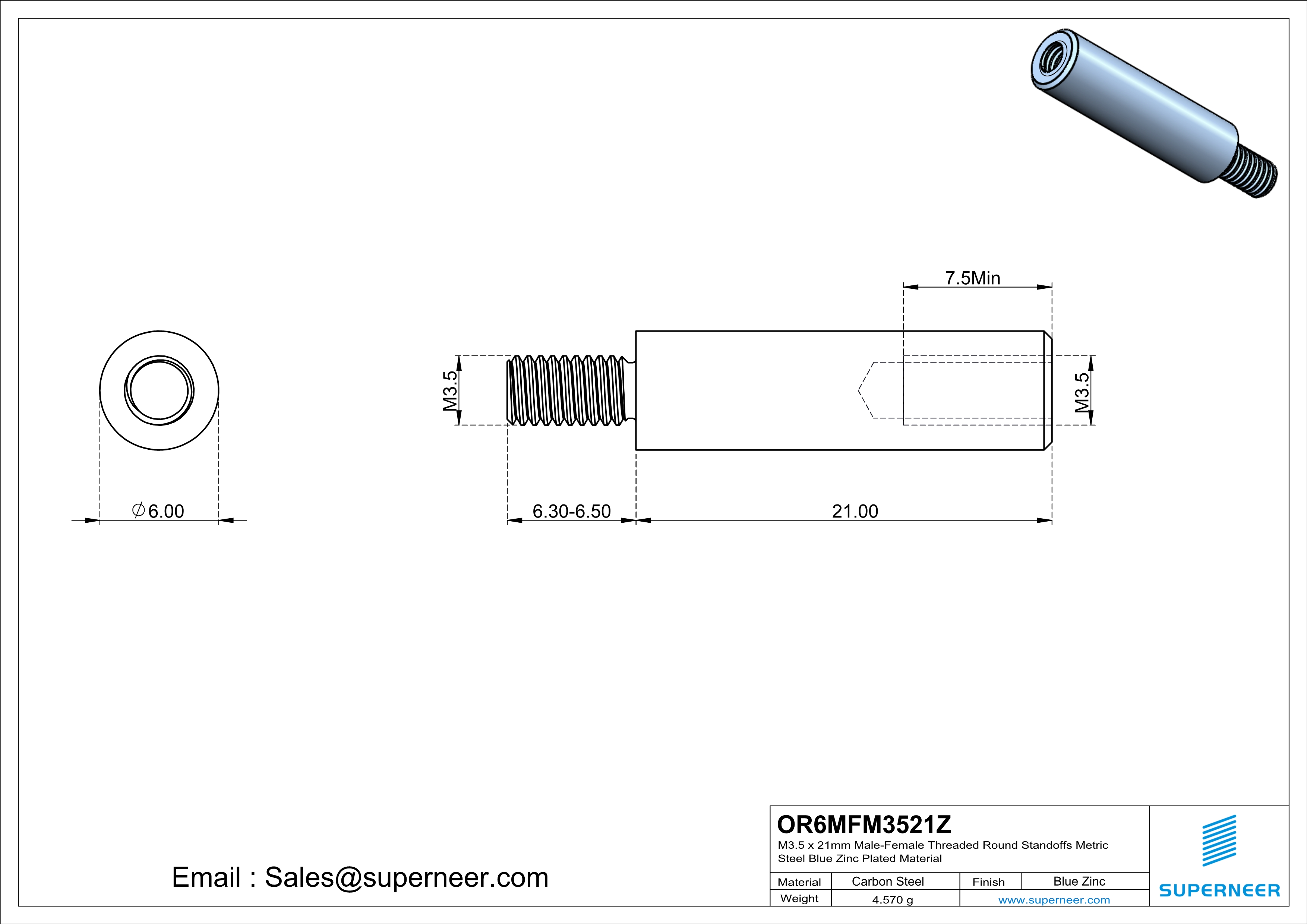M3.5 x 21mm Male-Female Threaded Round Standoffs Metric Steel Blue Zinc Plated Material