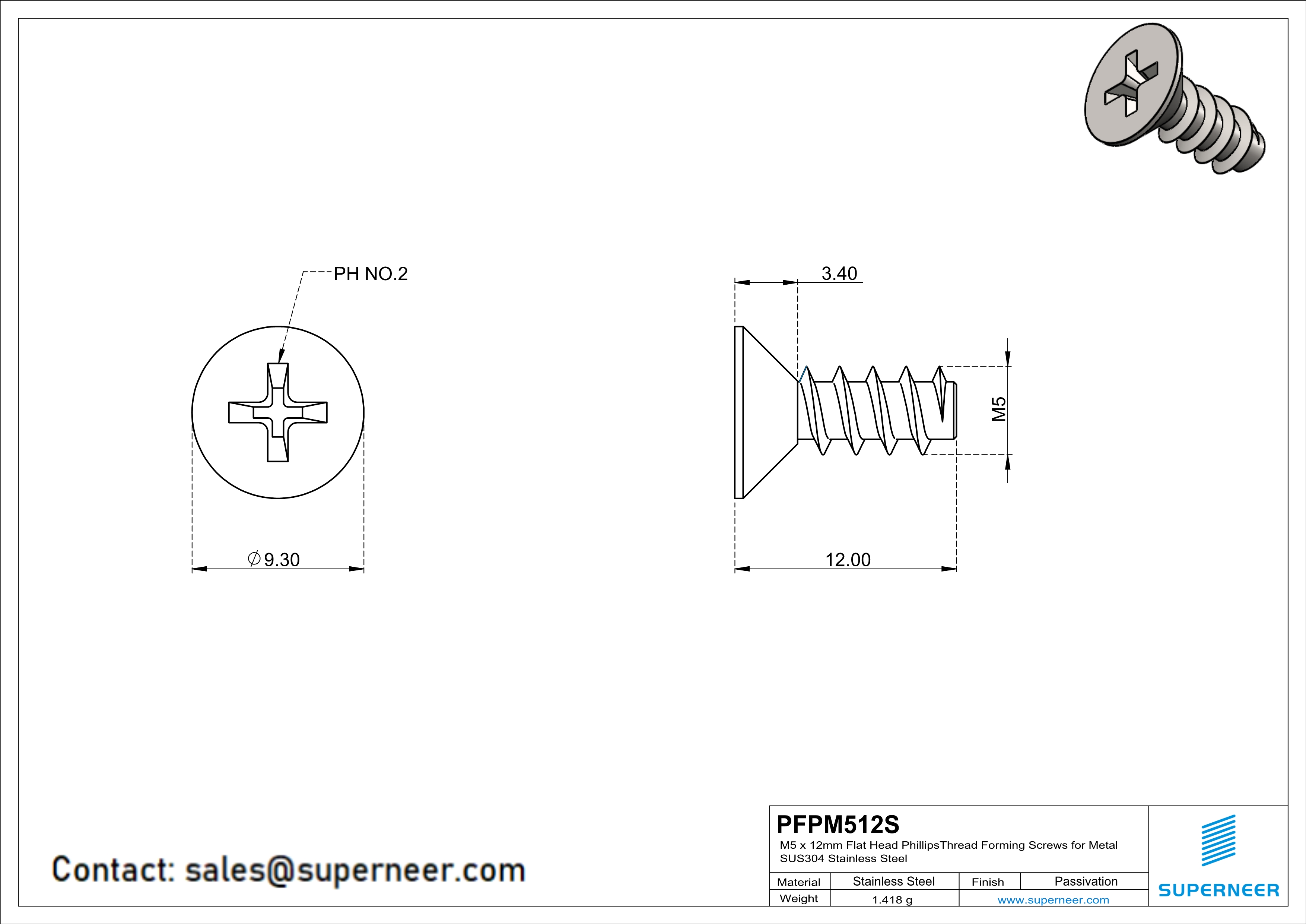 M5 × 12mm  Flat Head Phillips Thread Foming Screws for Plastic SUS304 Stainless Steel Inox