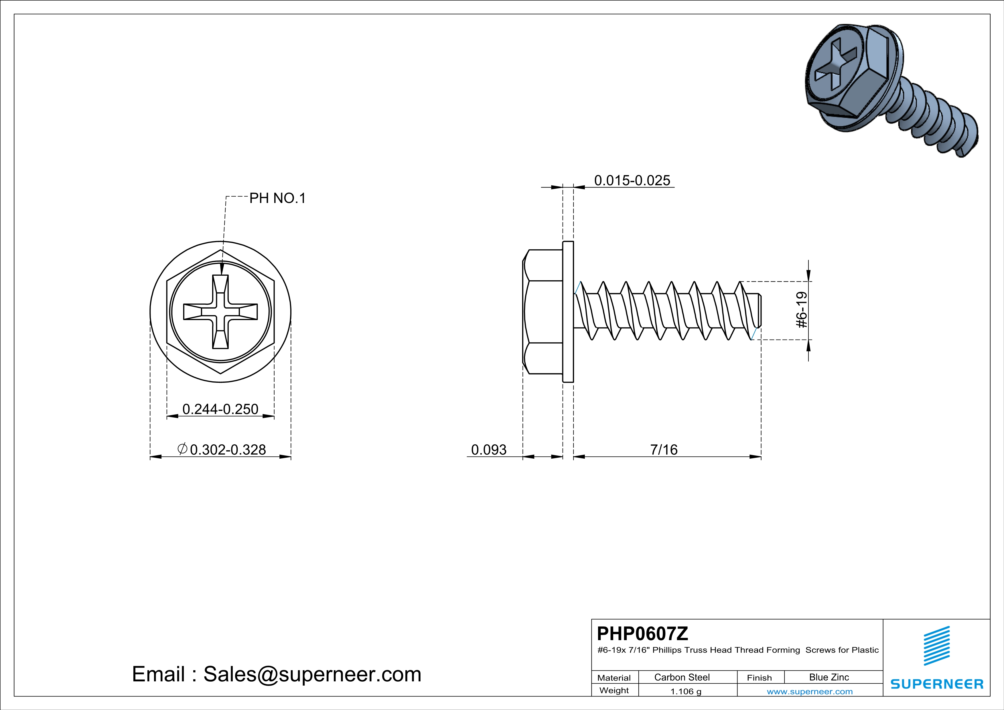 6 × 7/16" Hex Washer Head Phillips Thread Forming inch Screws for Plastic  Steel Blue Zinc Plated