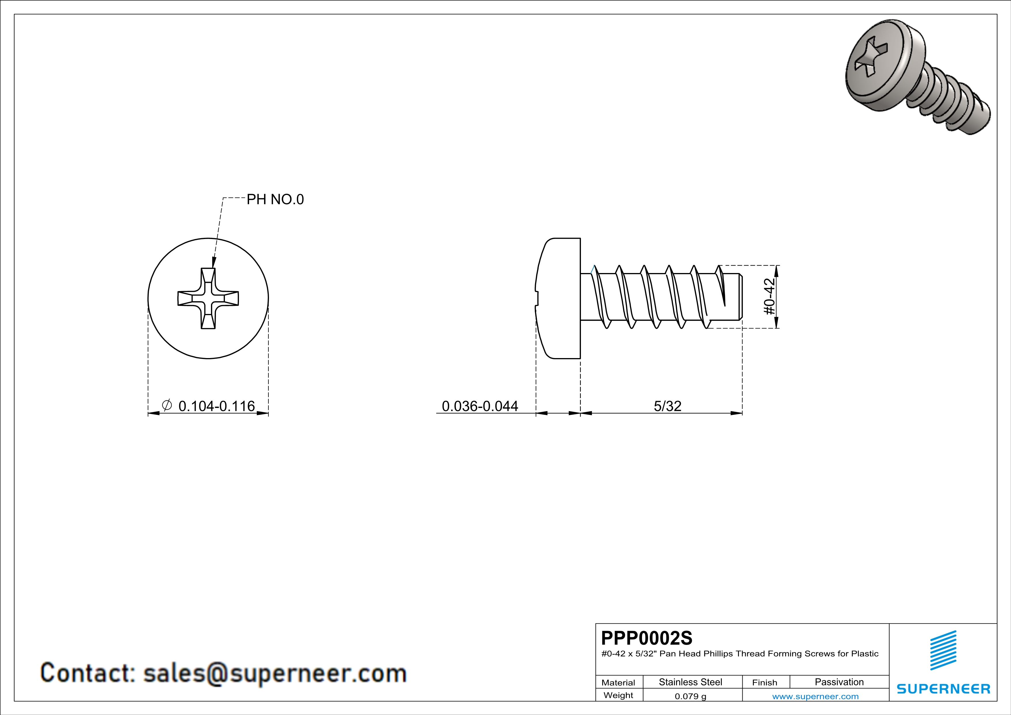 0 × 5/32" Pan Head Phillips Thread Forming inch Screws for Plastic  SUS304 Stainless Steel Inox