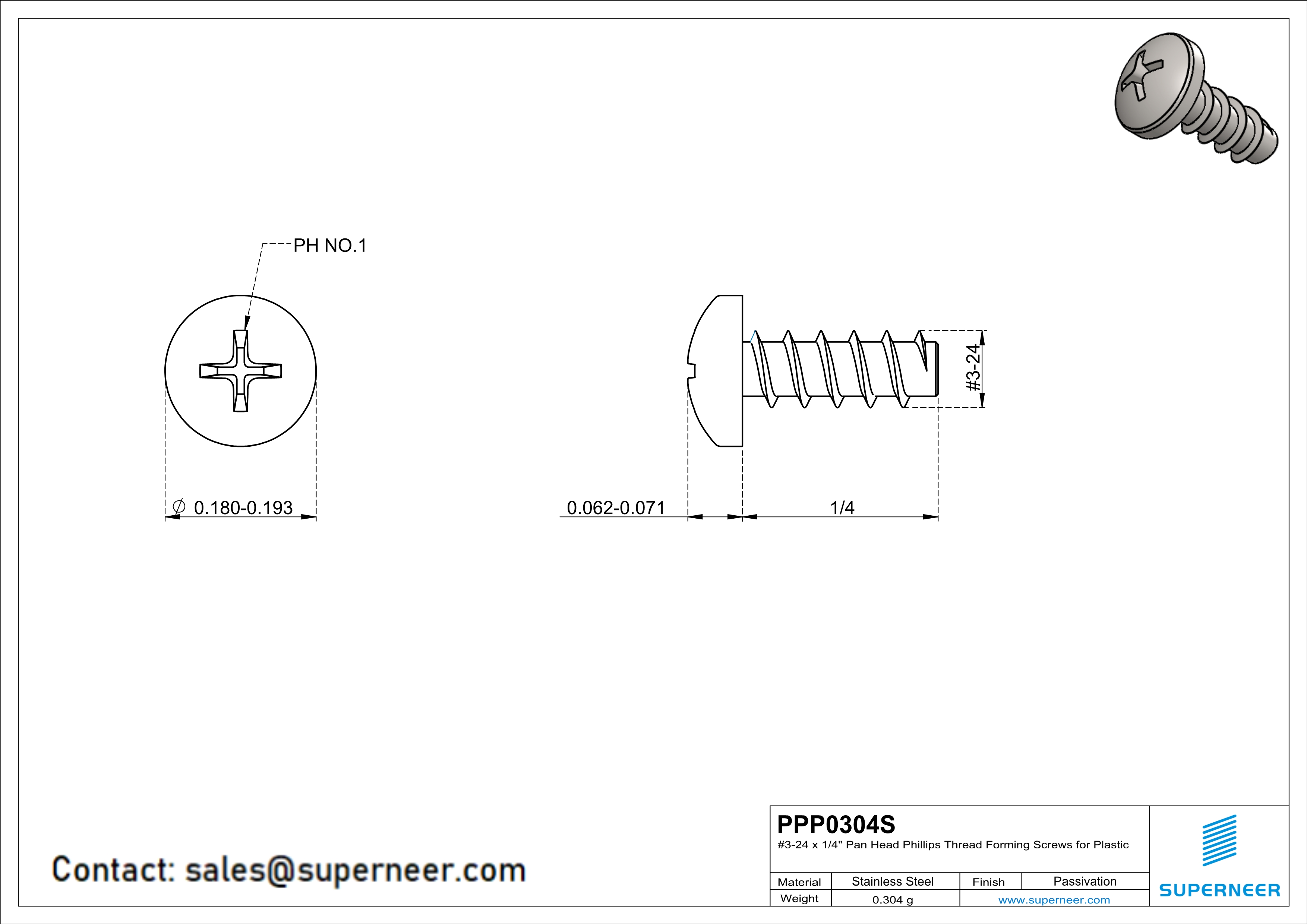 3 × 1/4" Pan Head Phillips Thread Forming inch Screws for Plastic  SUS304 Stainless Steel Inox