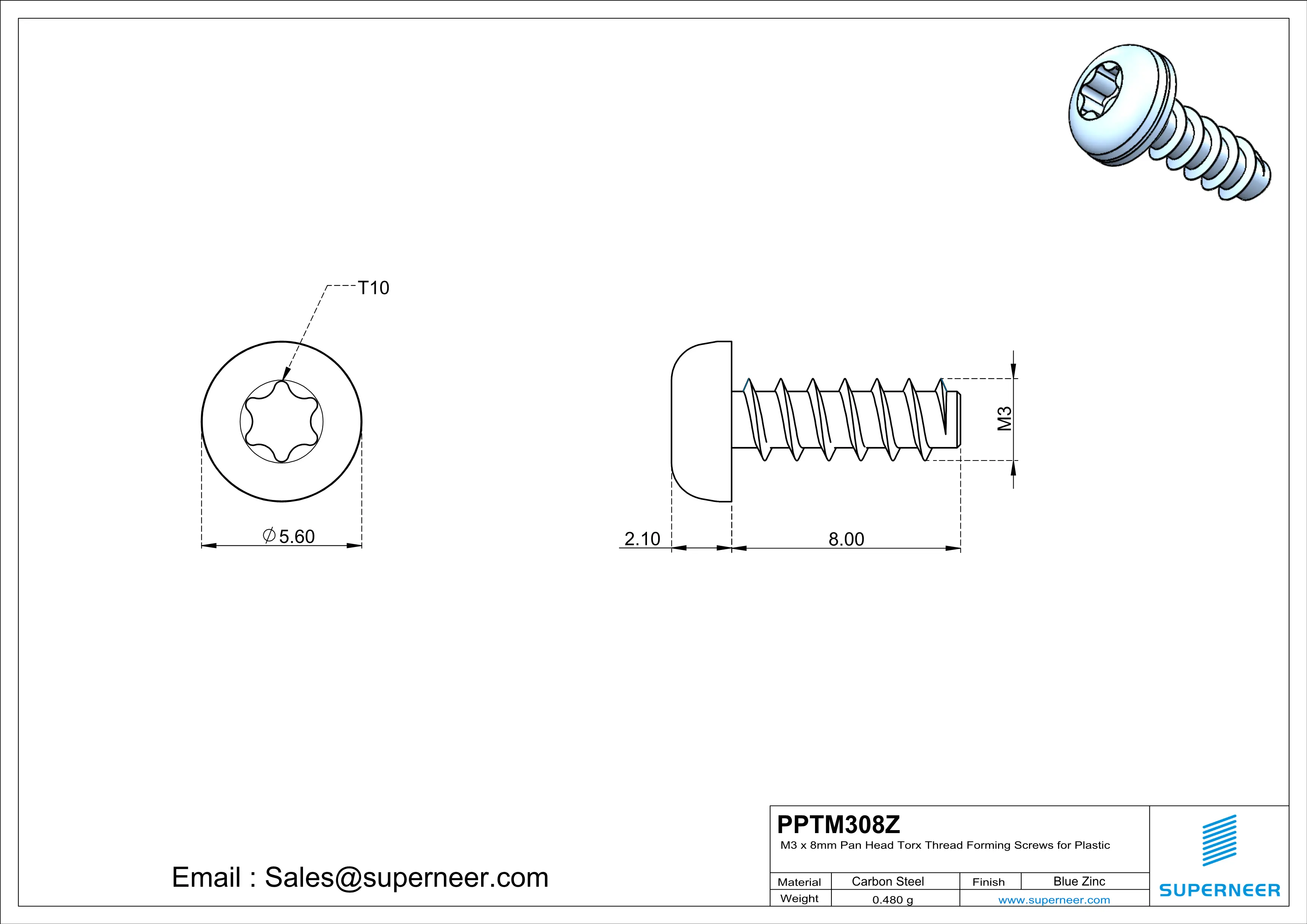 M3 × 8mm  Pan Head Torx Thread Foming Screws for Plastic   Steel Blue Zinc Plated