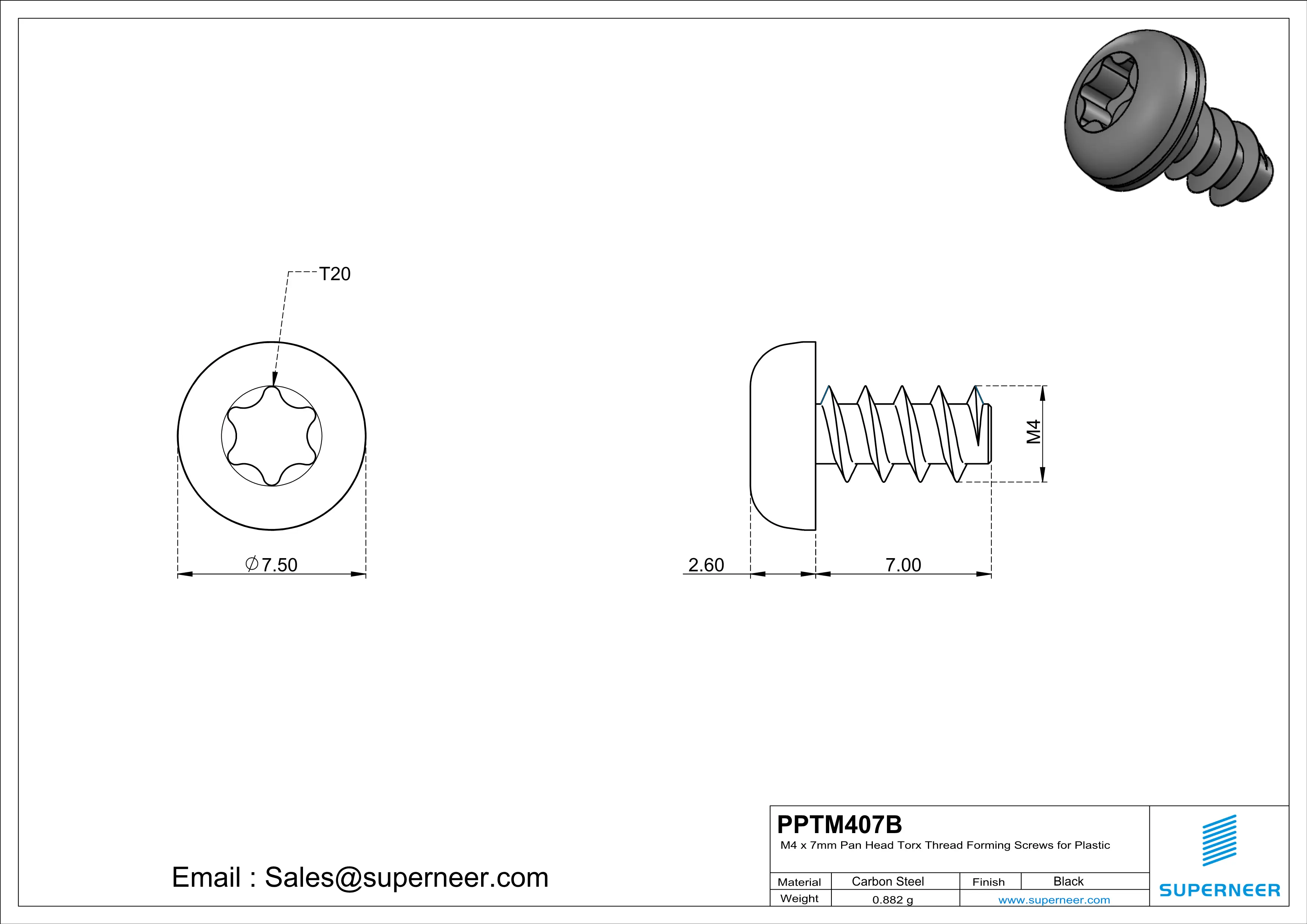 M4 × 7mm  Pan Head Torx Thread Foming Screws for Plastic   Steel Black