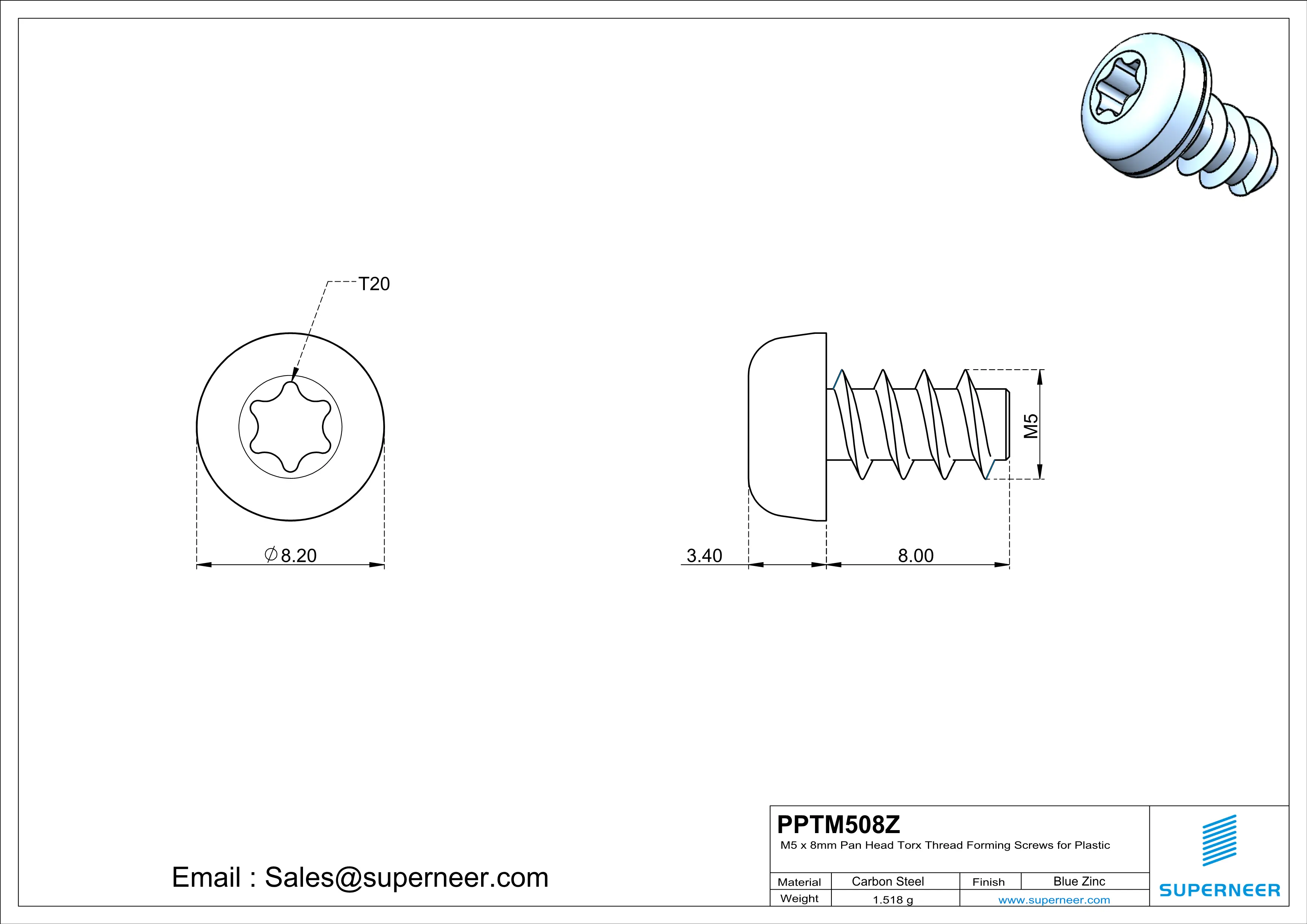 M5 × 8mm  Pan Head Torx Thread Foming Screws for Plastic   Steel Blue Zinc Plated