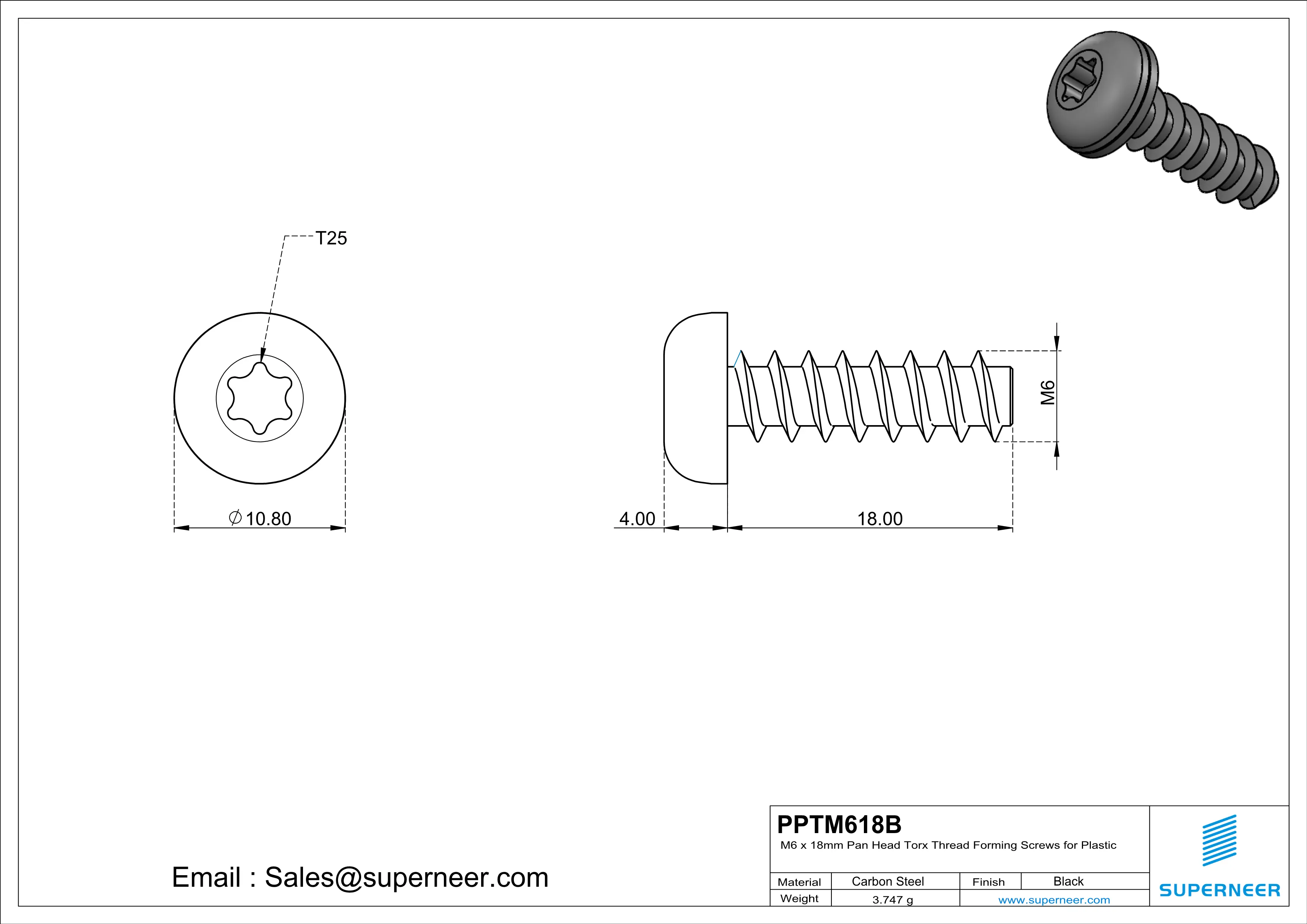 M6 × 18mm  Pan Head Torx Thread Foming Screws for Plastic   Steel Black