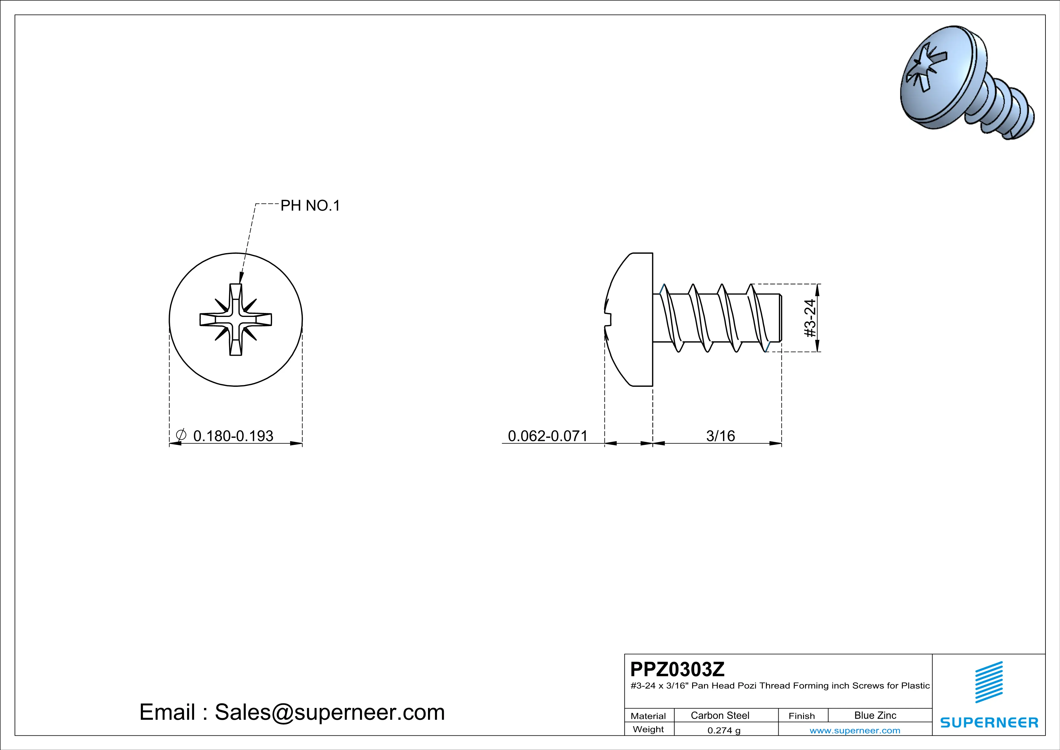 3 × 3/16" Pan Head Pozi Thread Forming inch Screws for Plastic  Steel Blue Zinc Plated