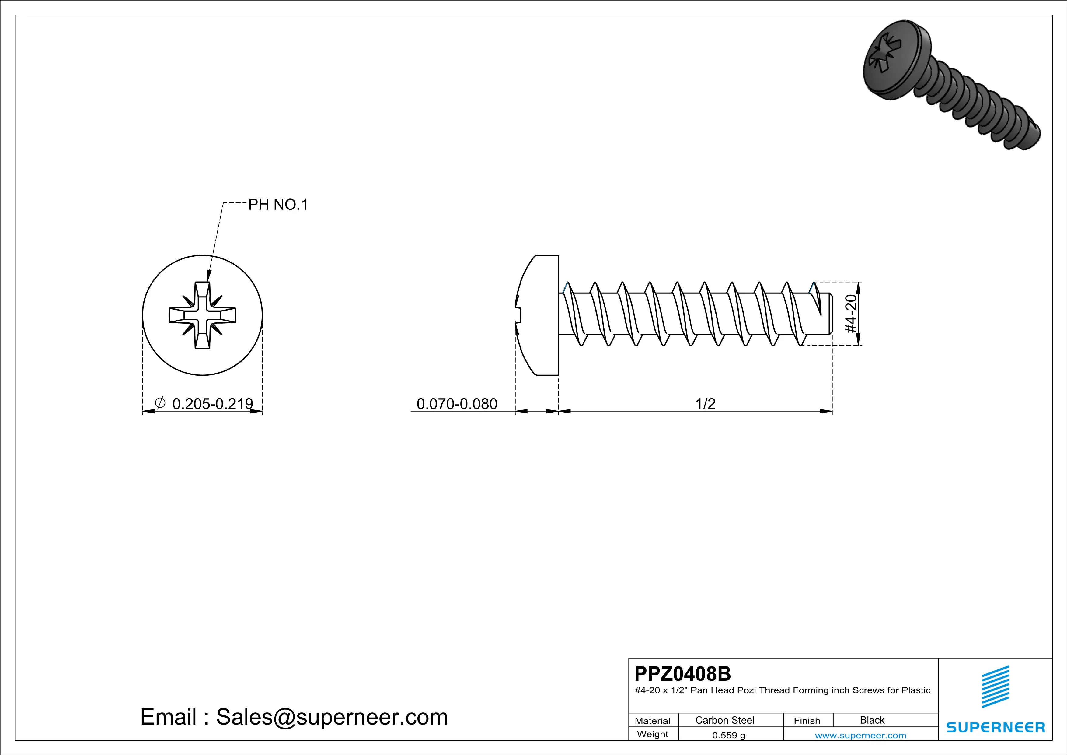 4 × 1/2" Pan Head Pozi Thread Forming inch Screws for Plastic  Steel Black