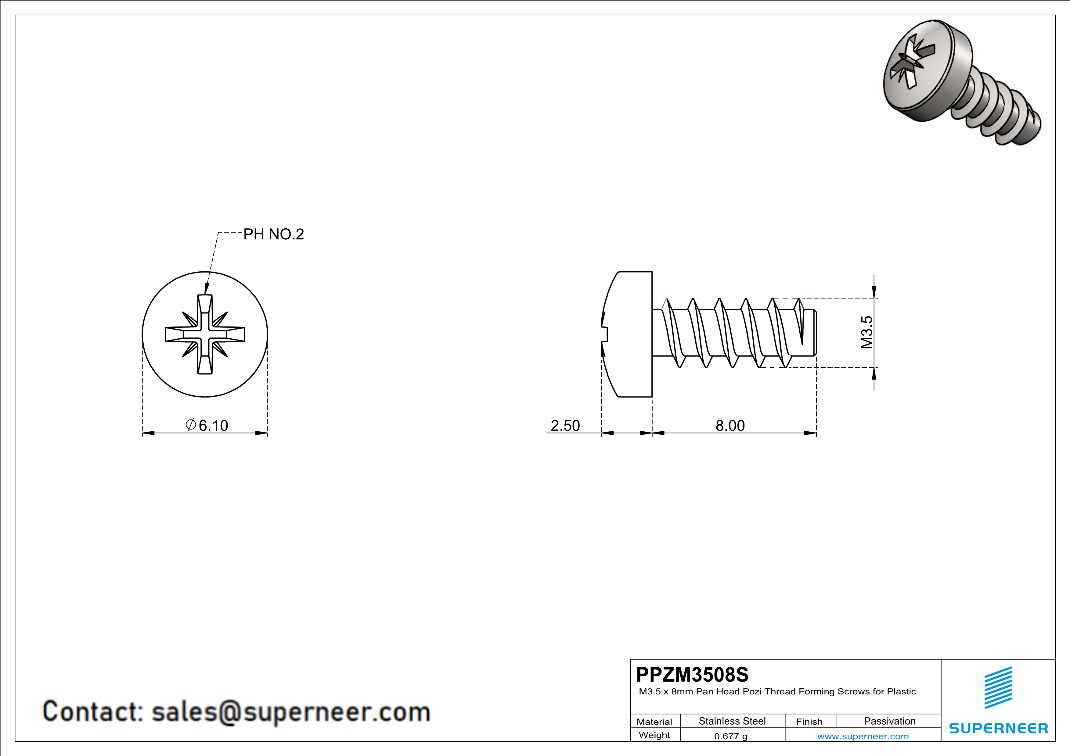 M3.5 × 8mm  Pan Head Pozi Thread Foming Screws for Plastic SUS304 Stainless Steel Inox
