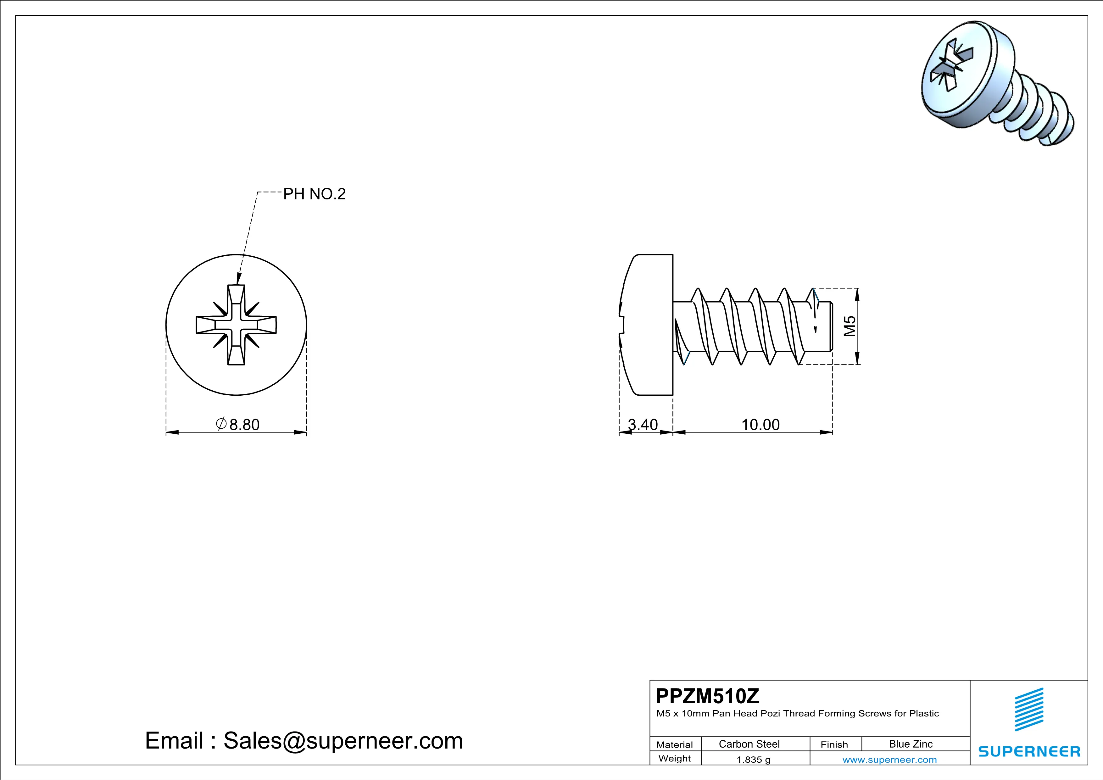 M5 × 10mm  Pan Head Pozi Thread Foming Screws for Plastic   Steel Blue Zinc Plated