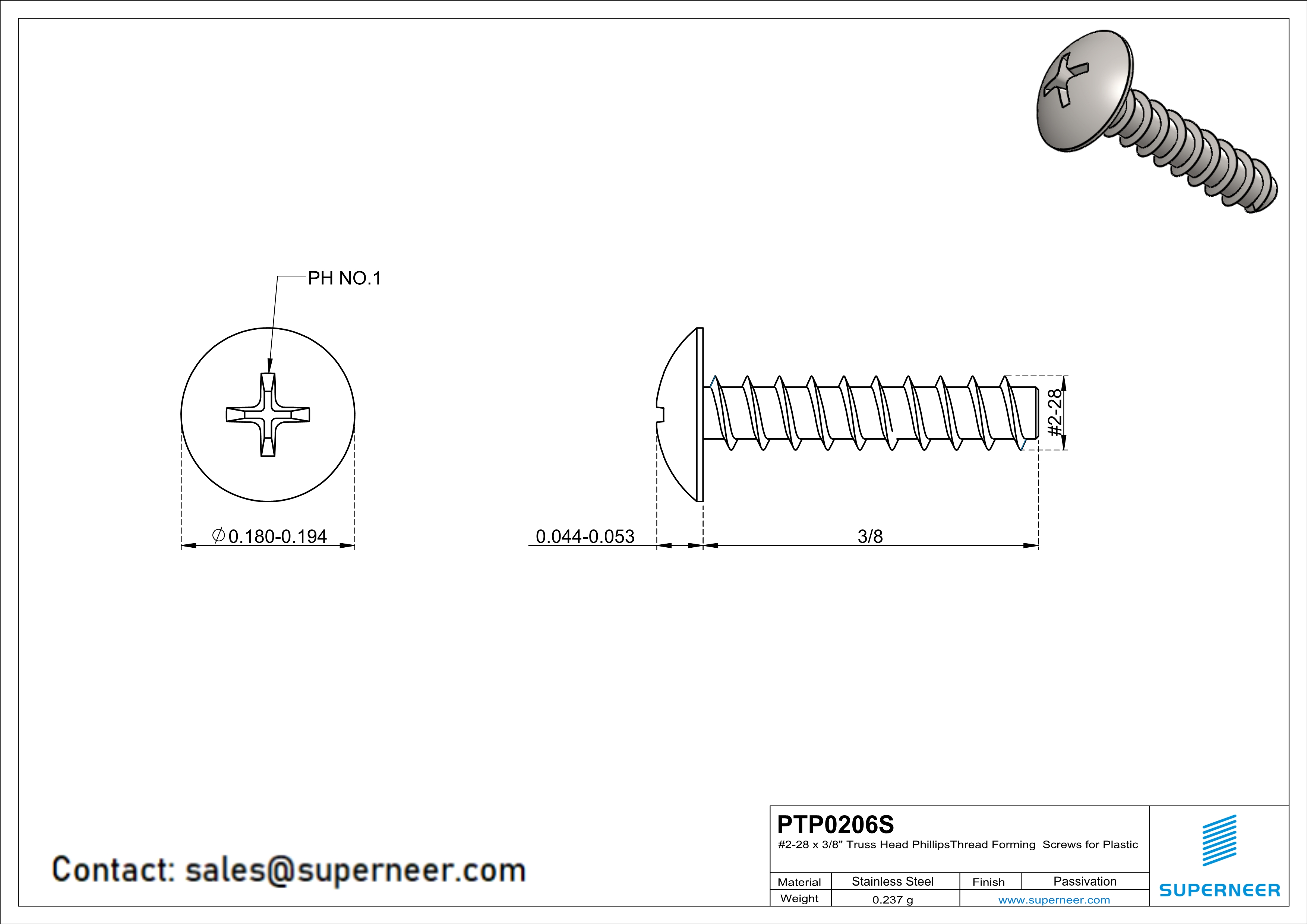 2 × 3/8" Truss Head Phillips Thread Forming inch Screws for Plastic  SUS304 Stainless Steel Inox