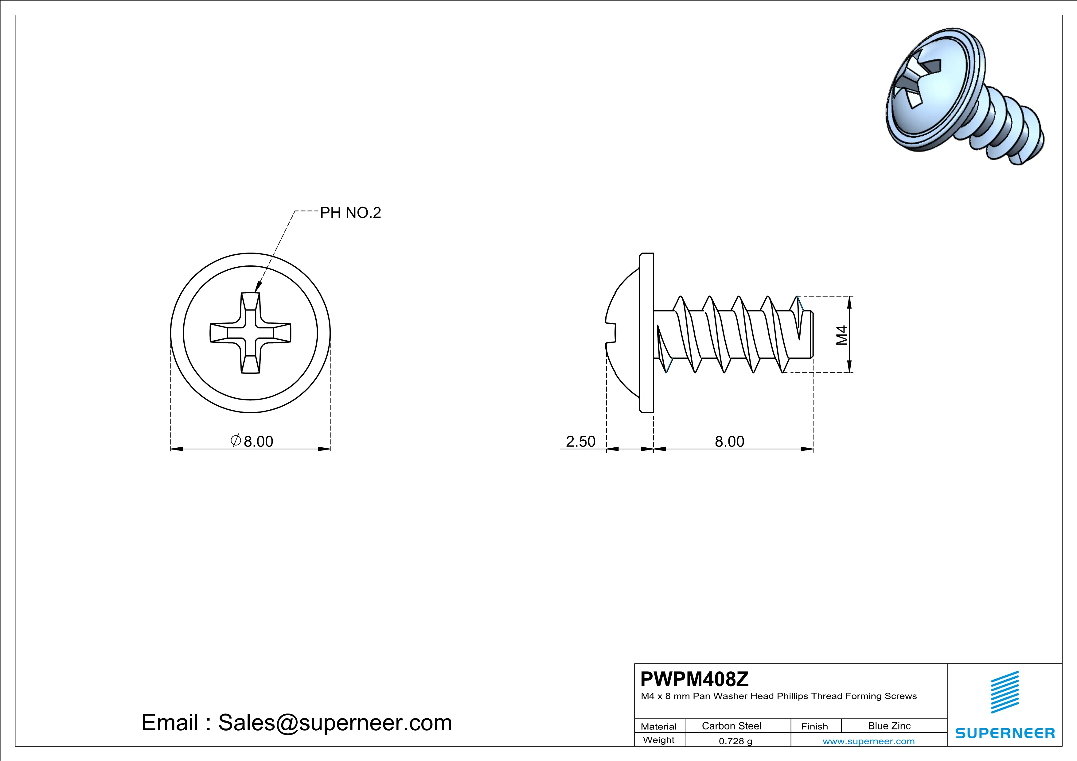 M4 × 8mm  Pan Washer Head Phillips Thread Foming Screws for Plastic   Steel Blue Zinc Plated