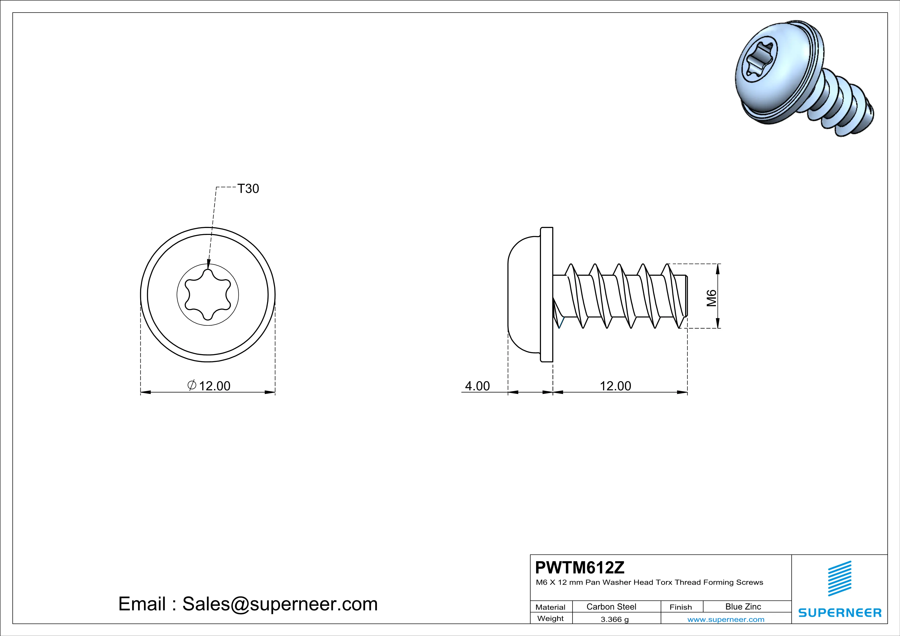 M6 × 12mm  Pan Washer Head Torx Thread Foming Screws for Plastic   Steel Blue Zinc Plated