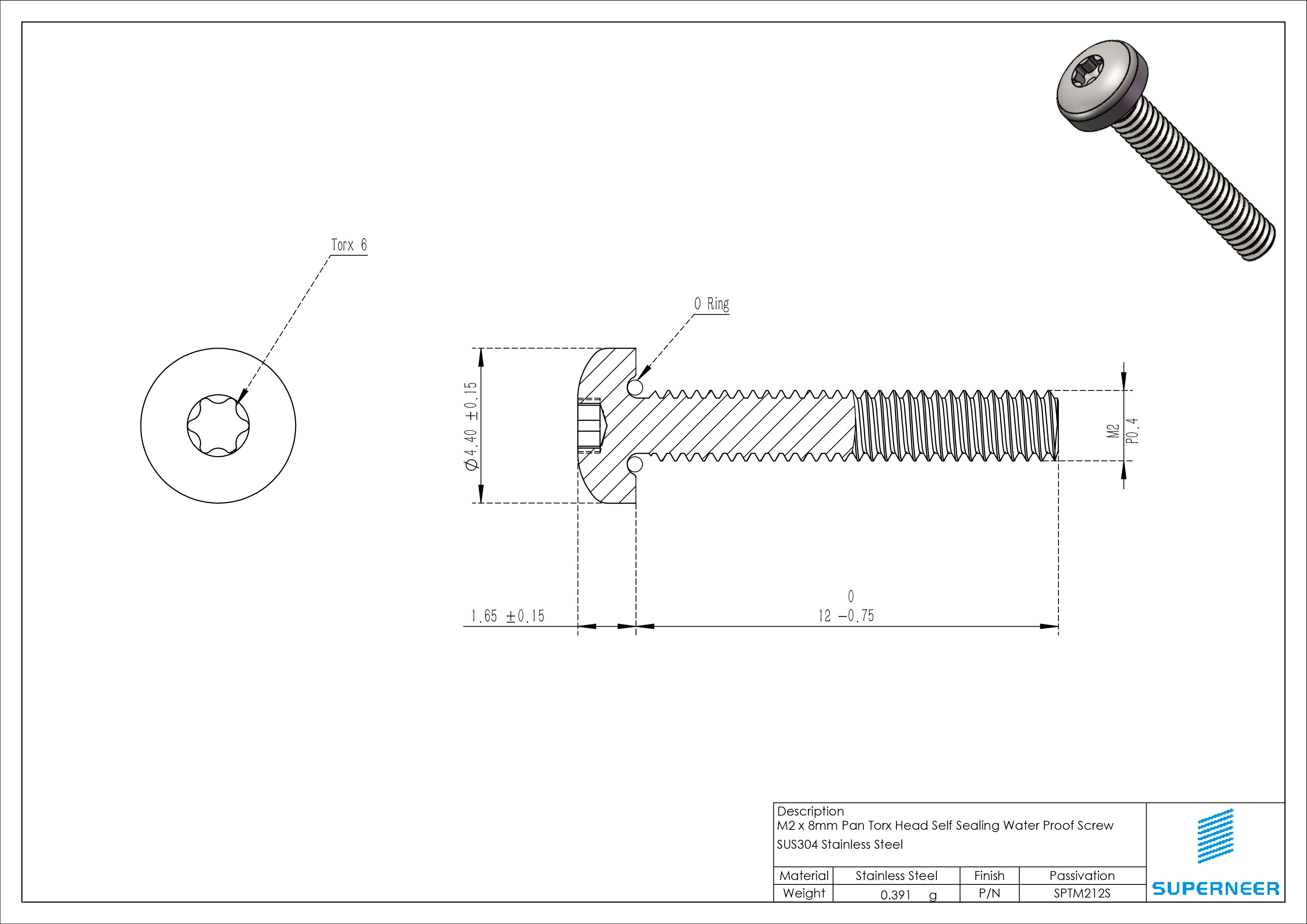 M2 x 12 mm Self Sealing Screw Pan Torx Head  SUS304 Stainless Steel Waterproof Screws
