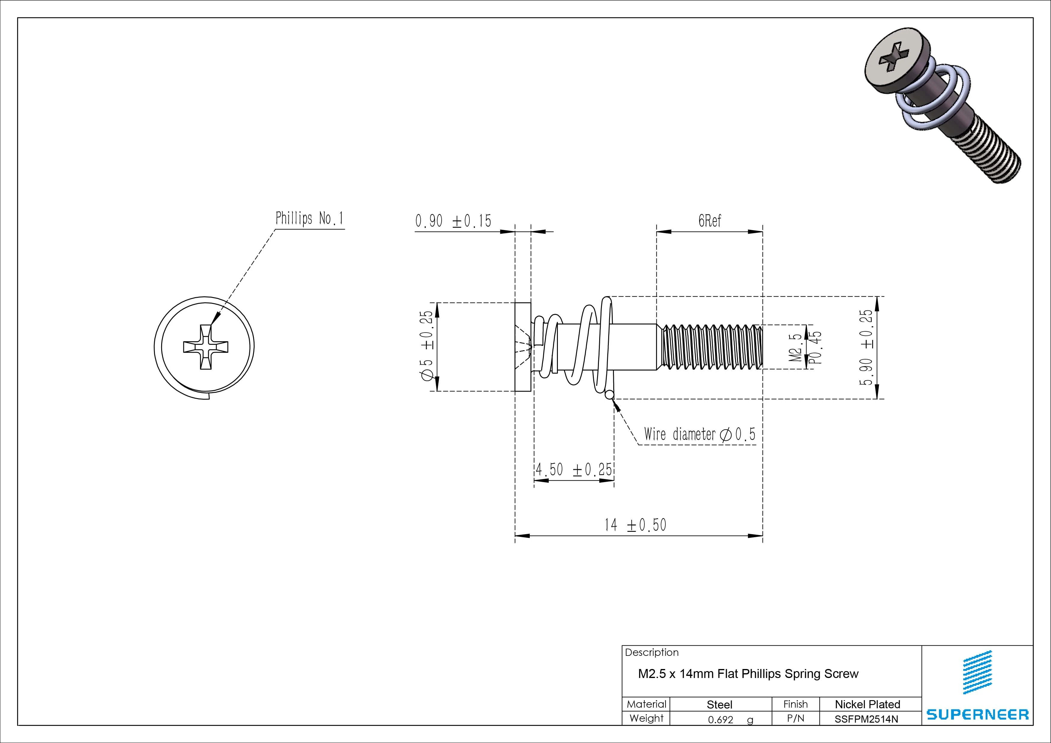 M2.5 x 14mm Flat Phillips Spring Screw Steel Nickel Plated