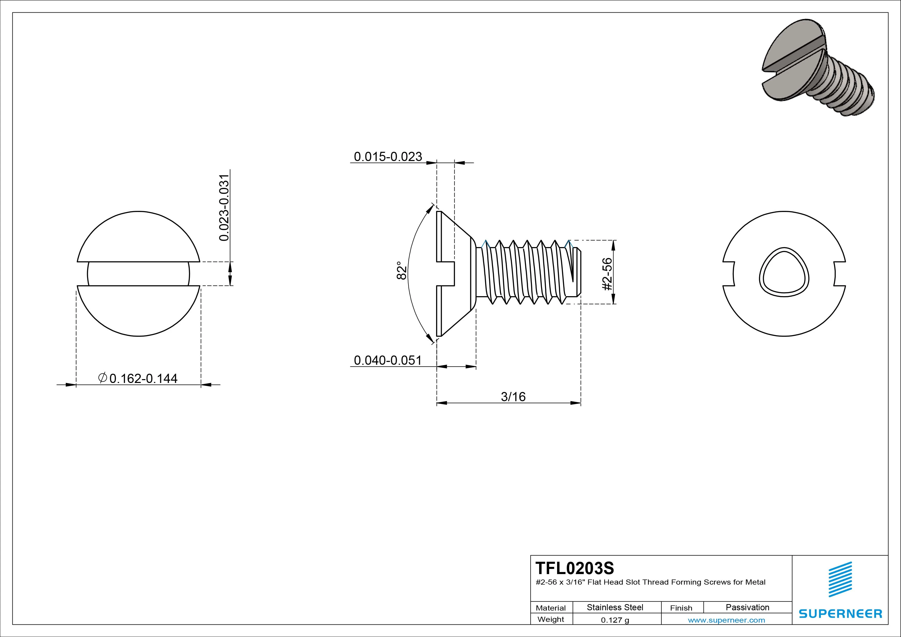 2-56 × 3/16 Flat Head Slot Thread Forming Screws for Metal SUS304 Stainless Steel Inox