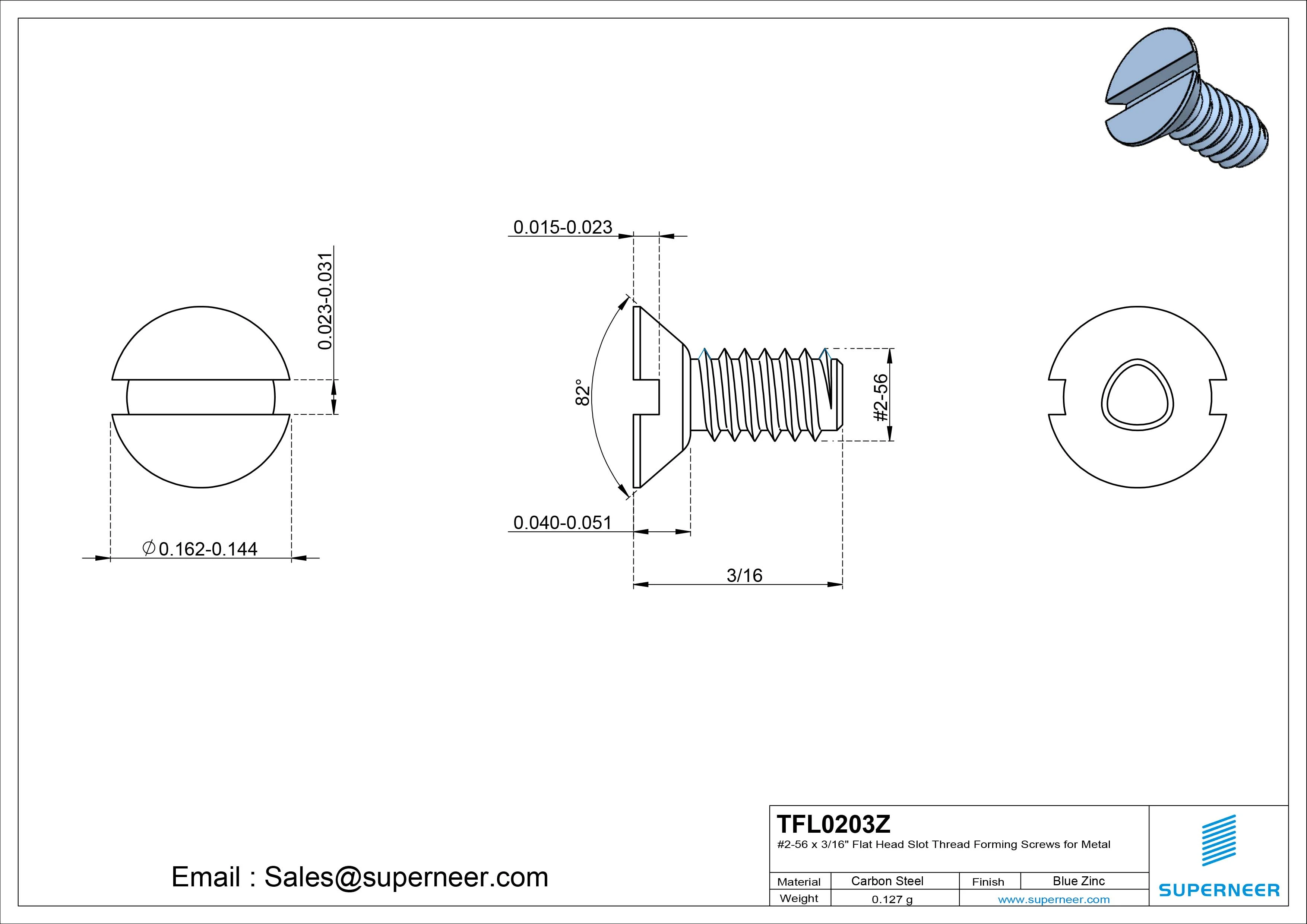 2-56 × 3/16 Flat Head Slot Thread Forming Screws for Metal Steel Blue Zinc Plated