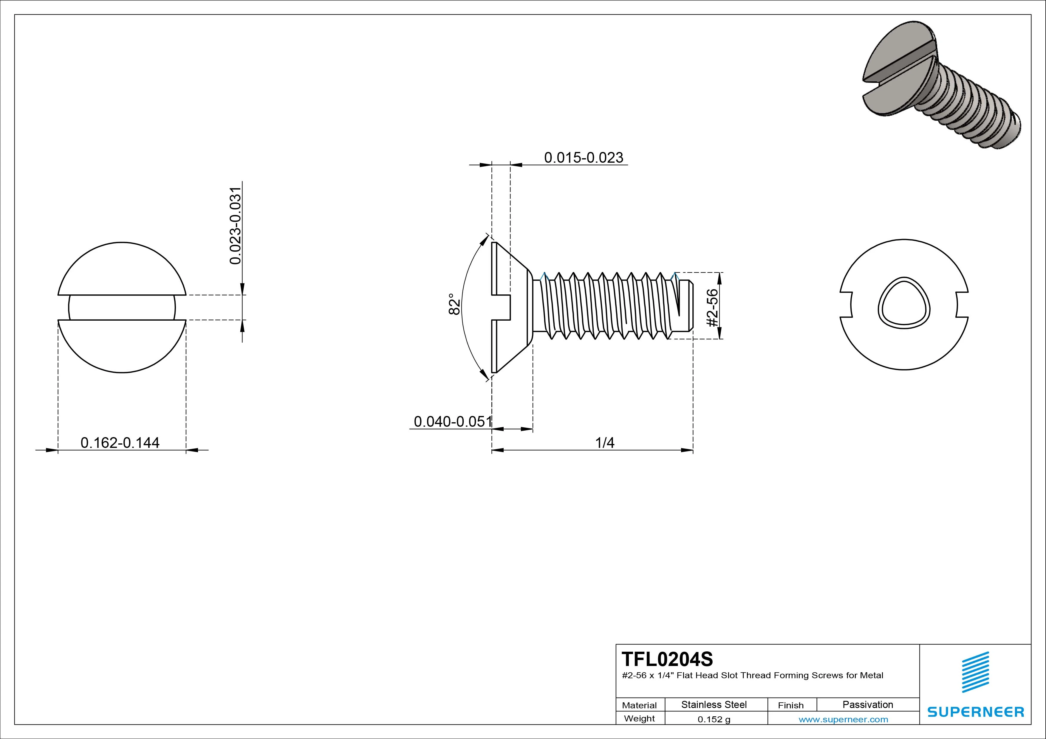 2-56 × 1/4 Flat Head Slot Thread Forming Screws for Metal SUS304 Stainless Steel Inox