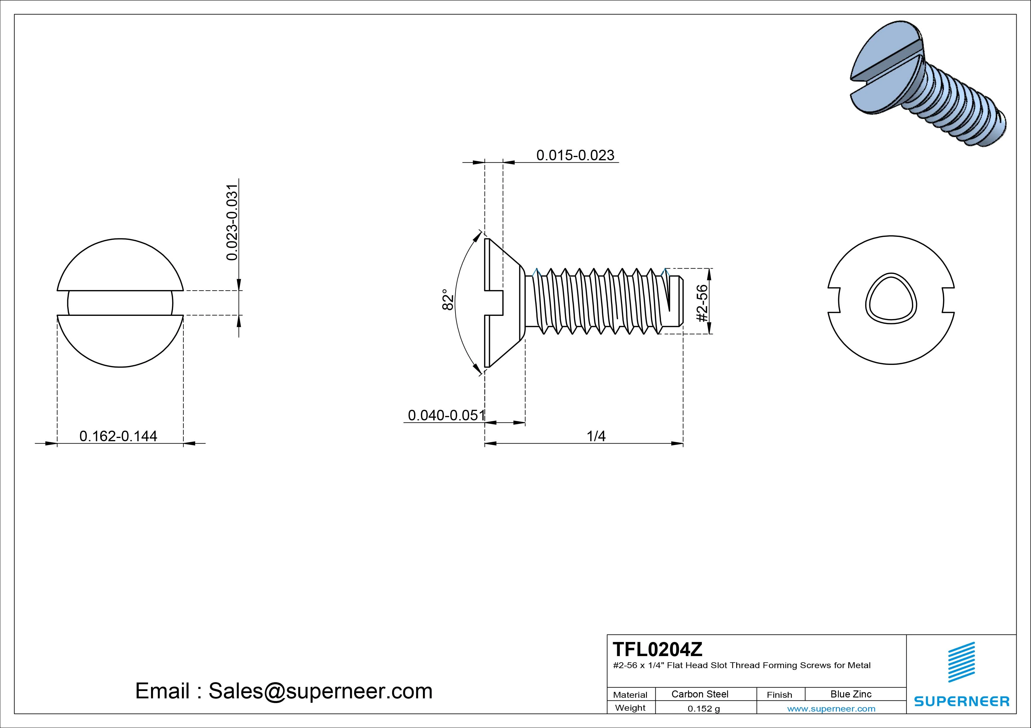 2-56 × 1/4 Flat Head Slot Thread Forming Screws for Metal Steel Blue Zinc Plated