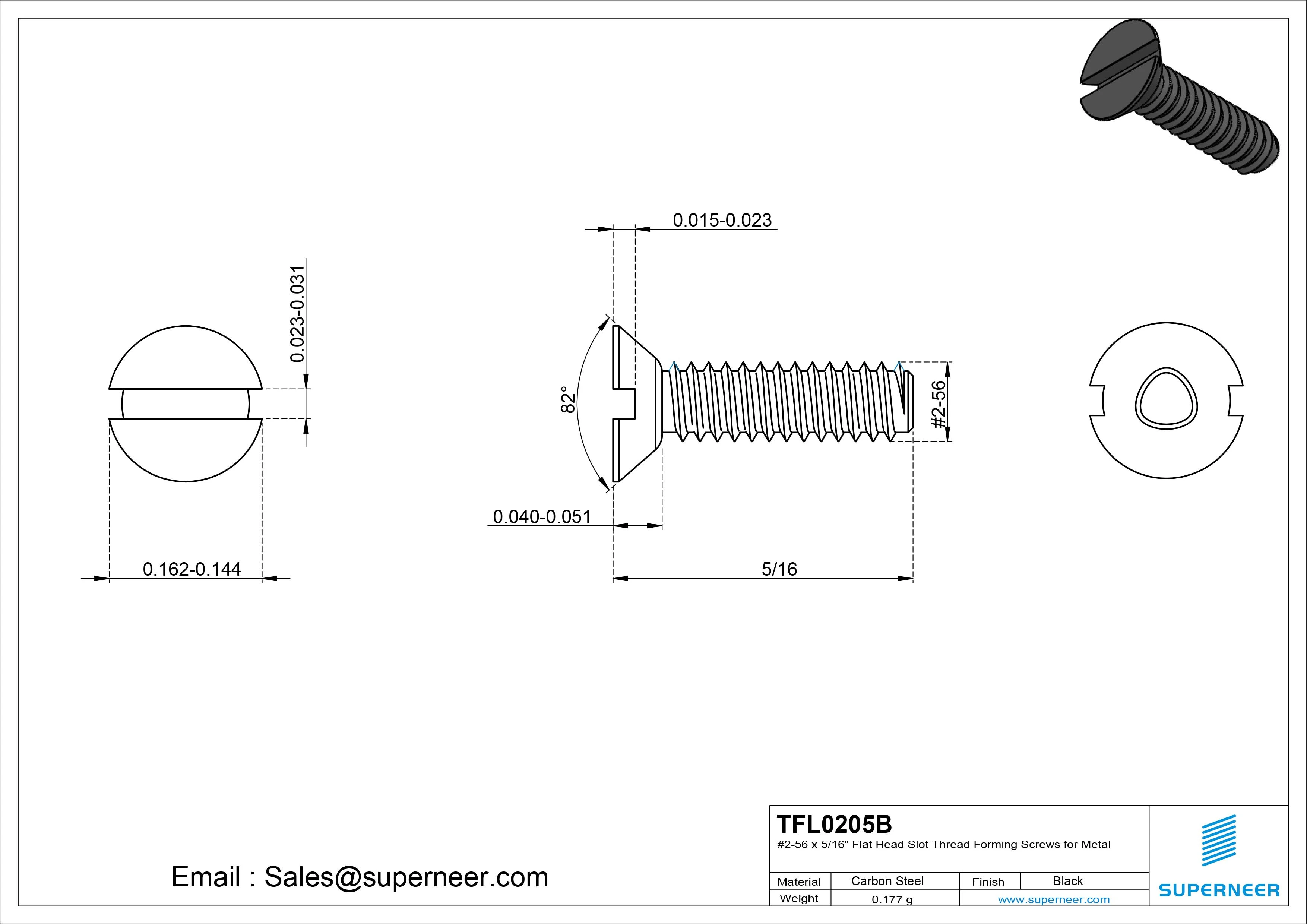 2-56 × 5/16 Flat Head Slot Thread Forming Screws for Metal Steel Black