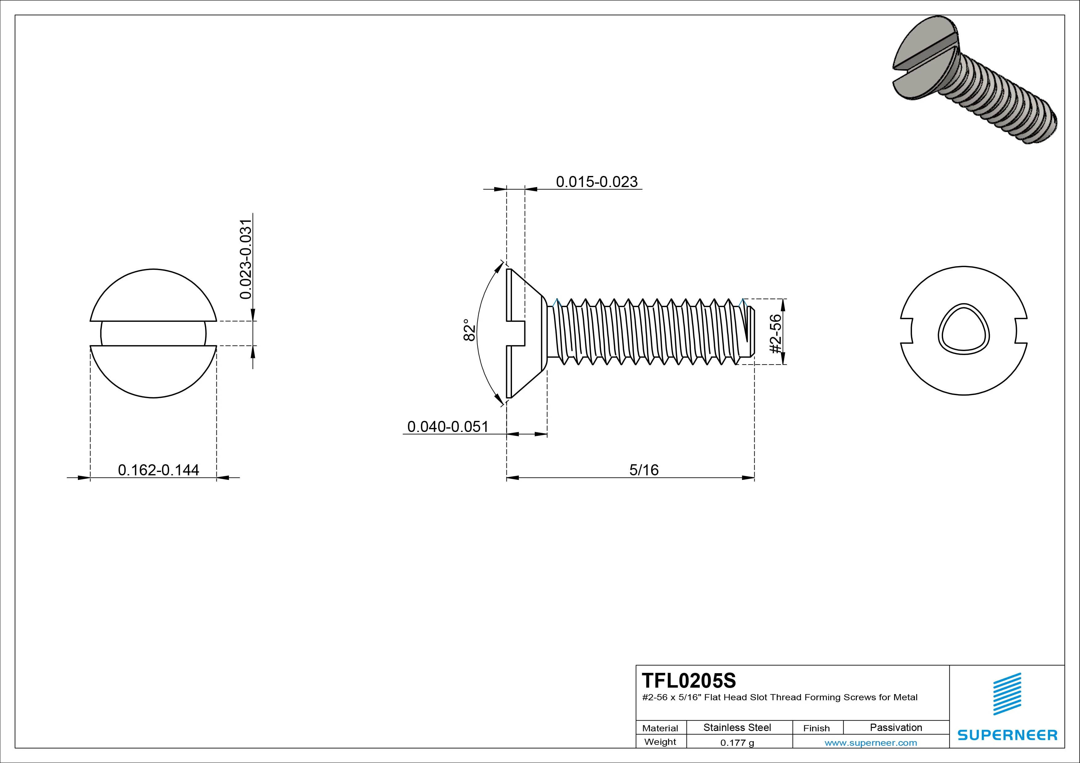 2-56 × 5/16 Flat Head Slot Thread Forming Screws for Metal SUS304 Stainless Steel Inox