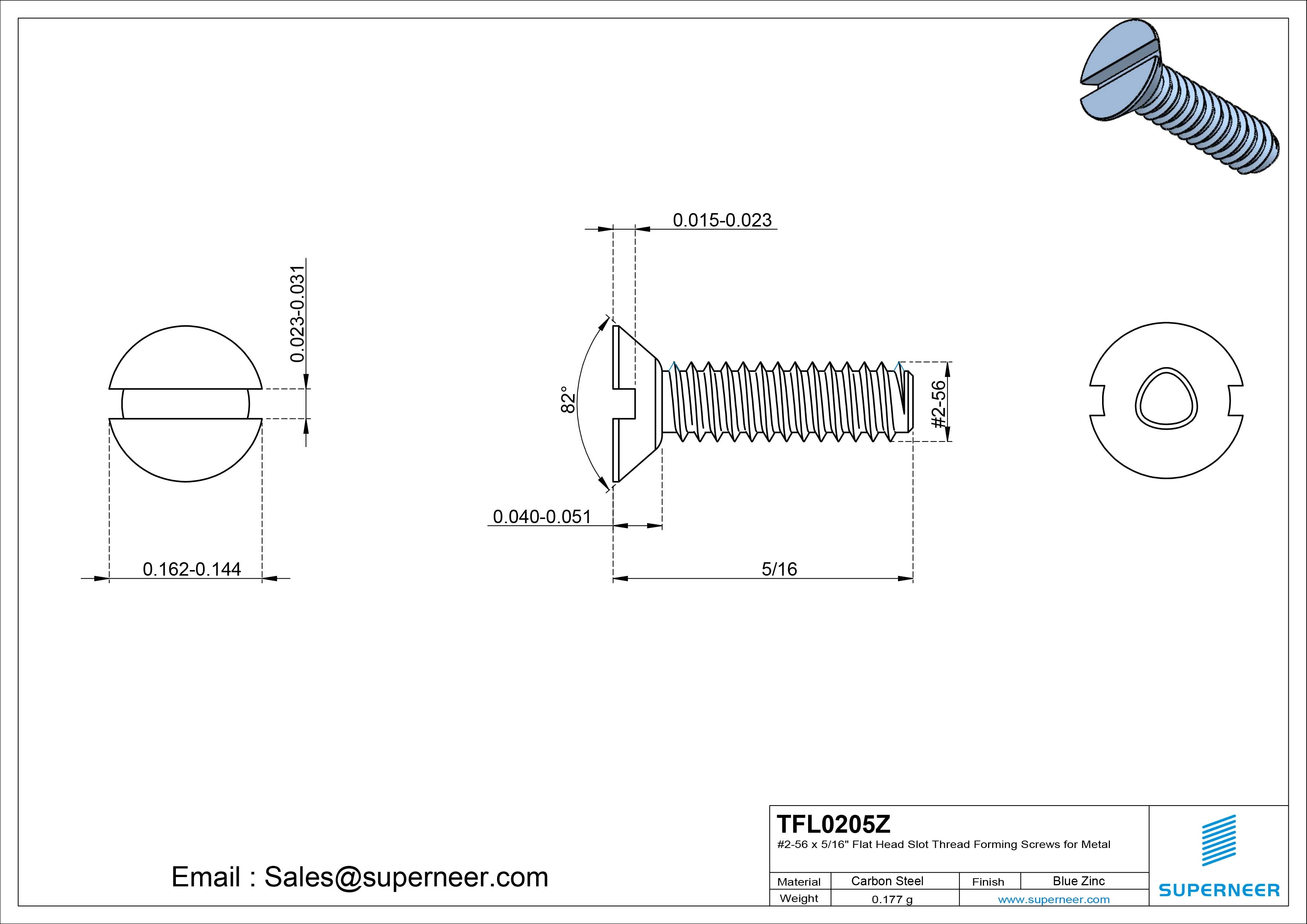 2-56 × 5/16 Flat Head Slot Thread Forming Screws for Metal Steel Blue Zinc Plated