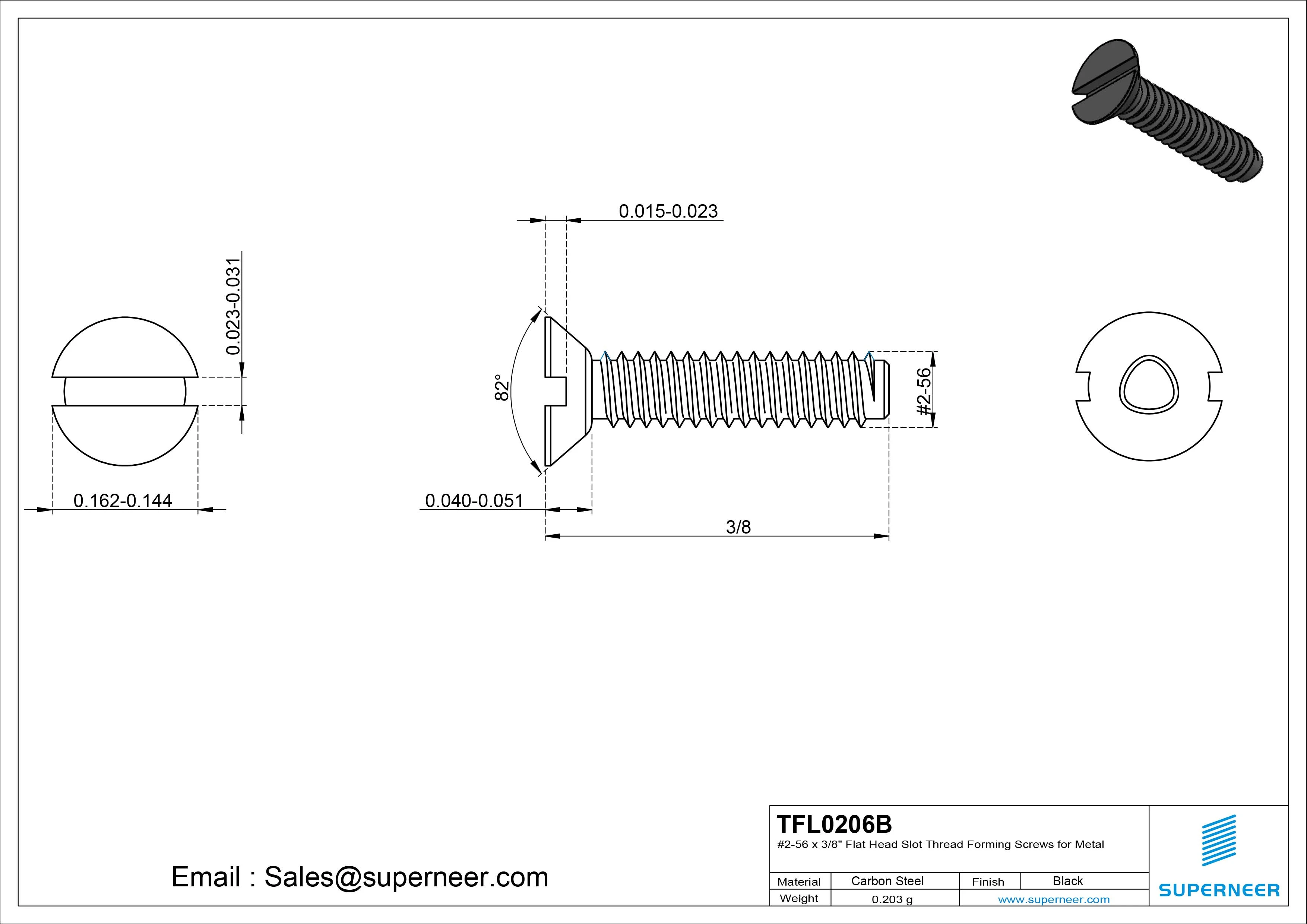 2-56 × 3/8 Flat Head Slot Thread Forming Screws for Metal Steel Black