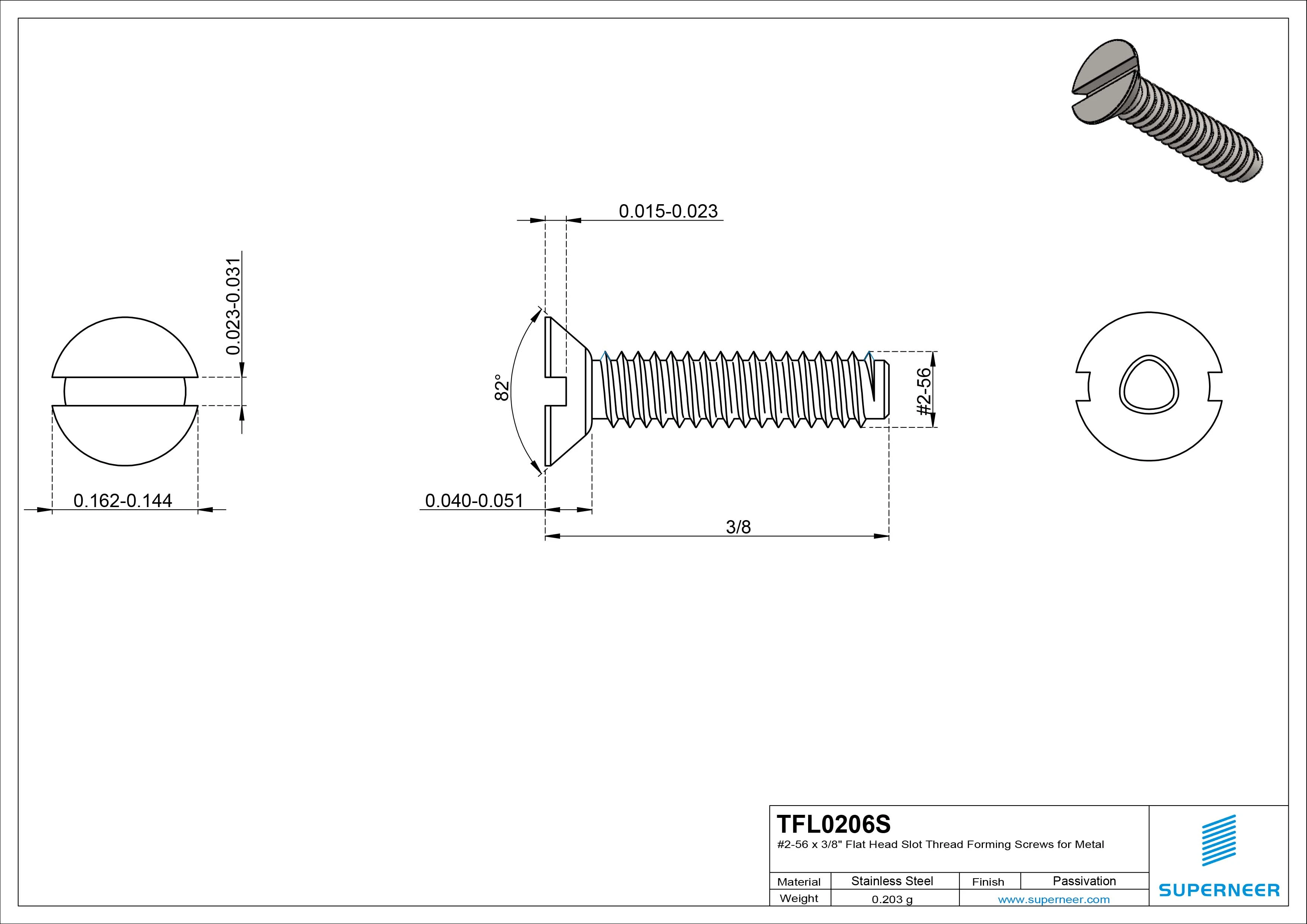 2-56 × 3/8 Flat Head Slot Thread Forming Screws for Metal SUS304 Stainless Steel Inox