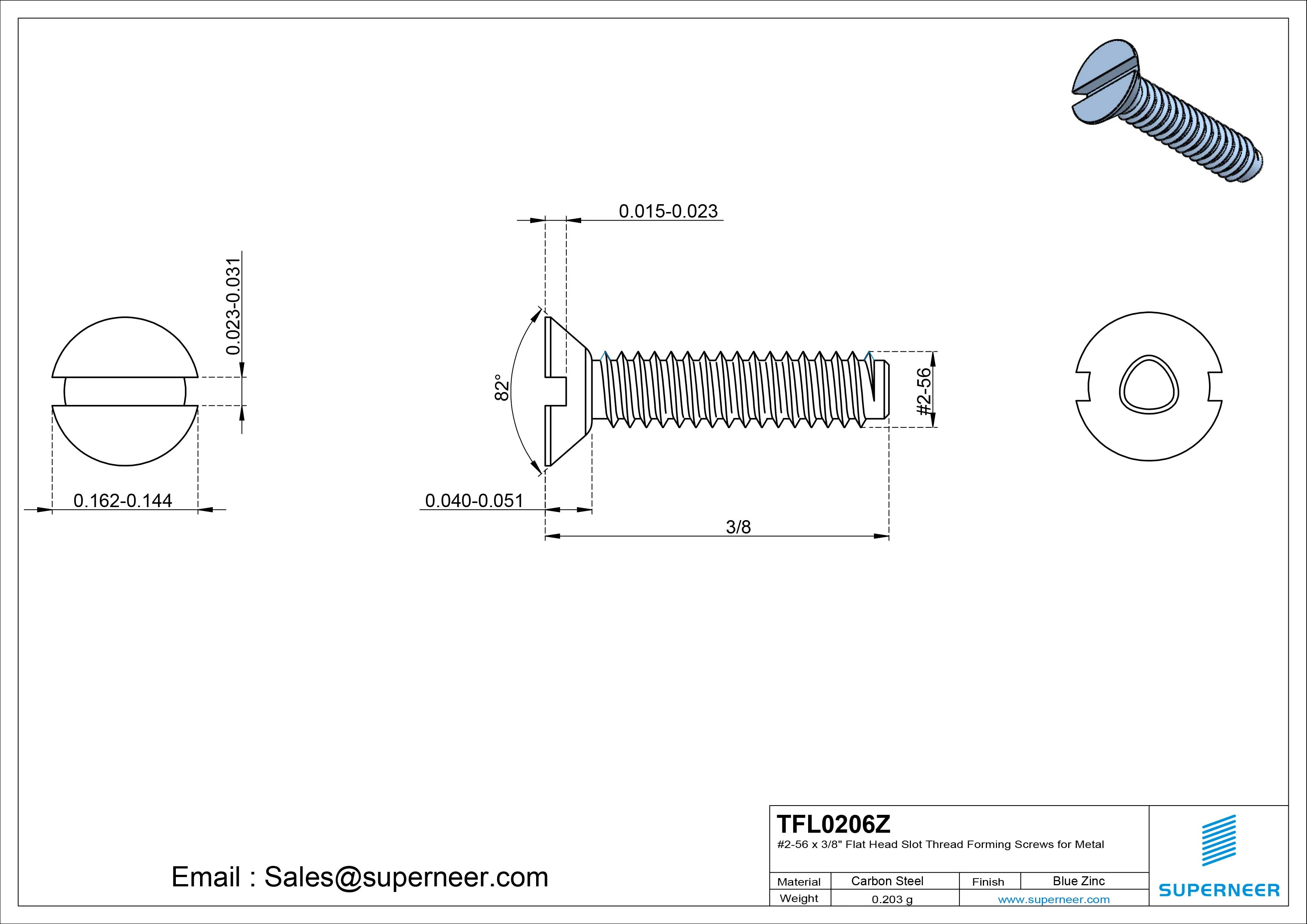 2-56 × 3/8 Flat Head Slot Thread Forming Screws for Metal Steel Blue Zinc Plated