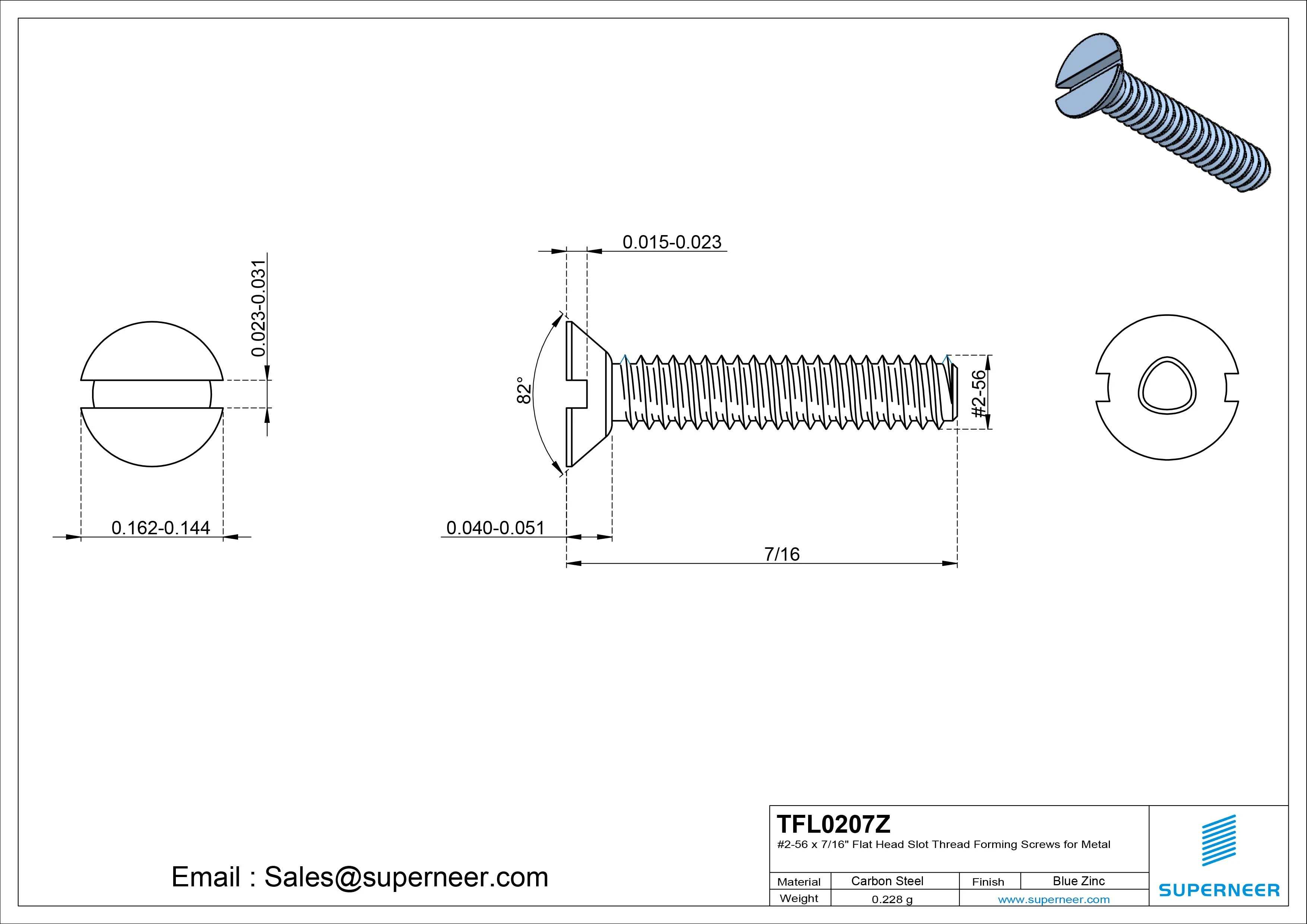 2-56 × 7/16 Flat Head Slot Thread Forming Screws for Metal Steel Blue Zinc Plated