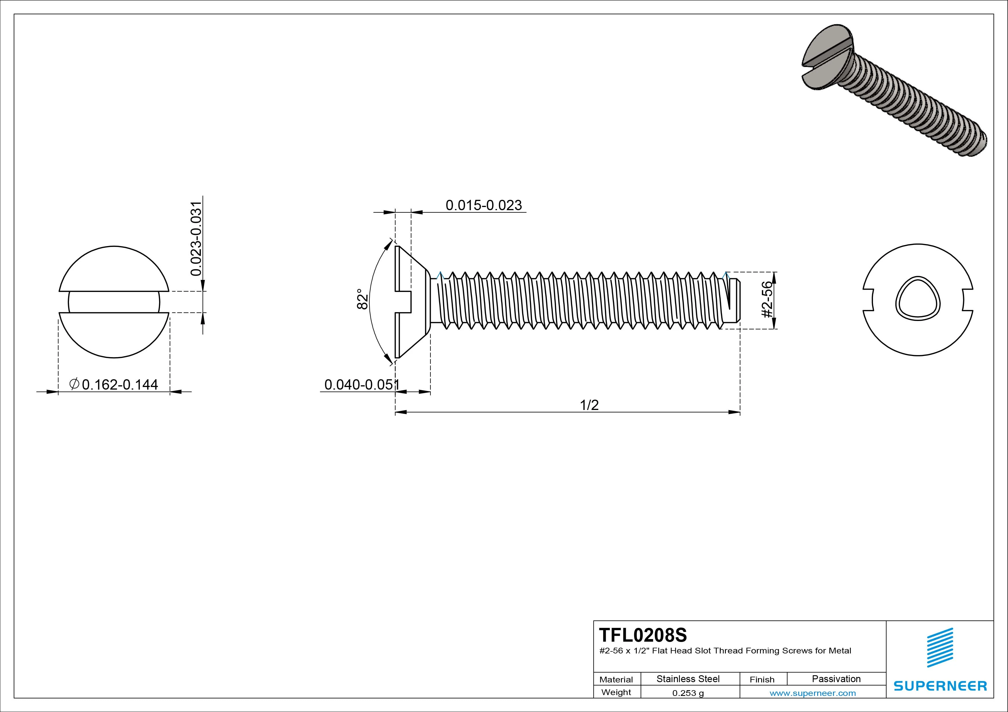 2-56 × 1/2 Flat Head Slot Thread Forming Screws for Metal SUS304 Stainless Steel Inox