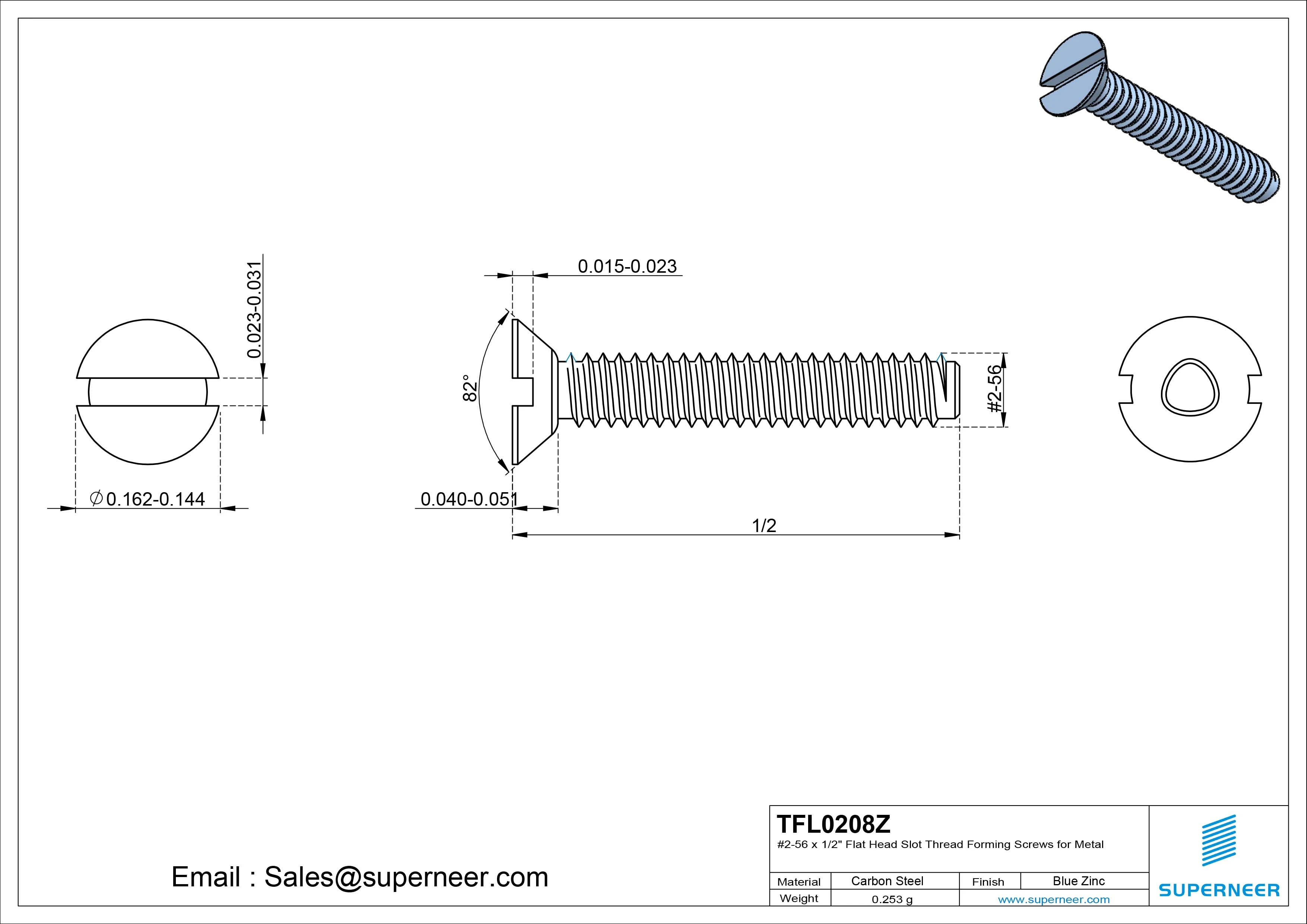 2-56 × 1/2 Flat Head Slot Thread Forming Screws for Metal Steel Blue Zinc Plated