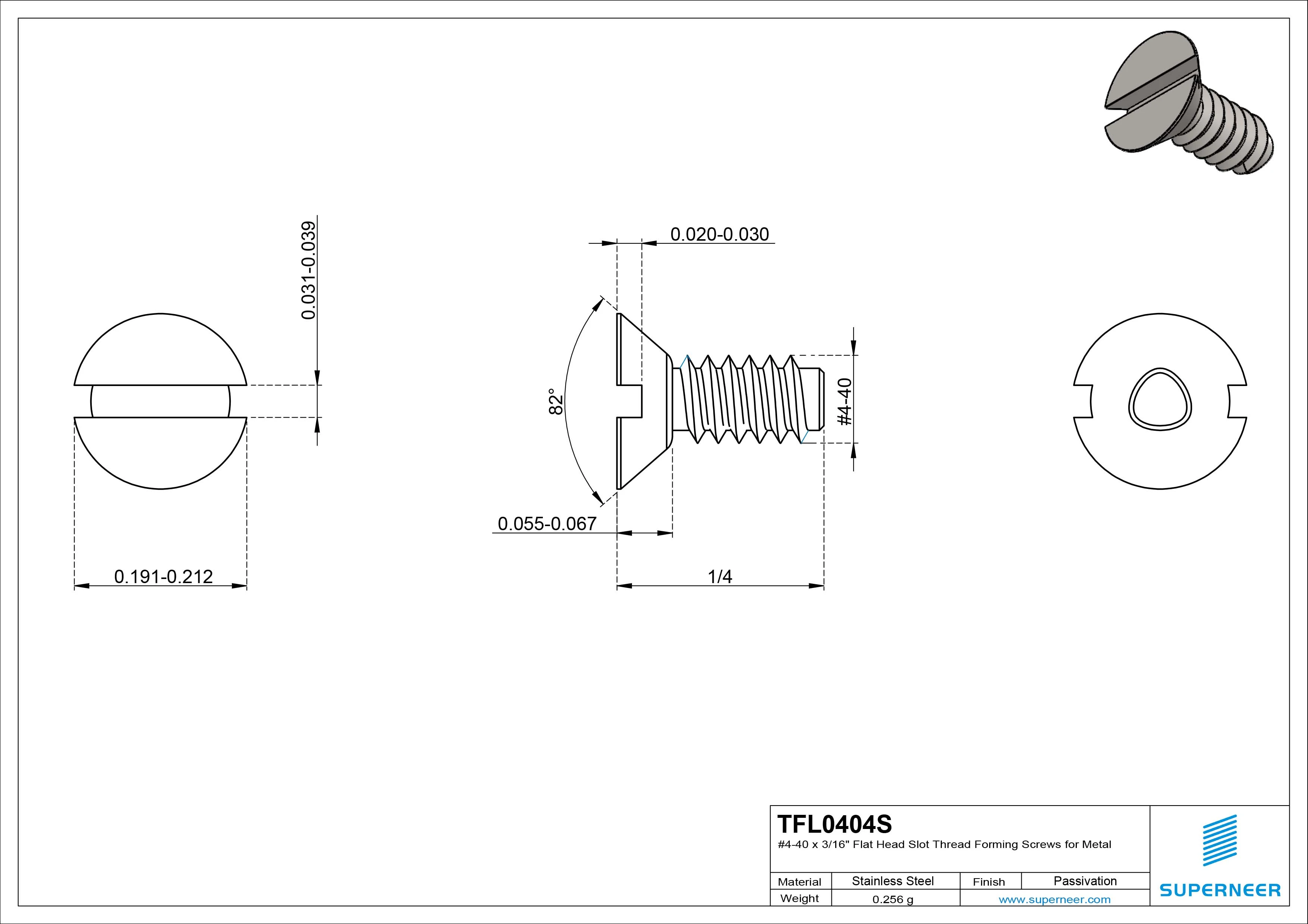 4-40 × 1/4 Flat Head Slot Thread Forming Screws for Metal SUS304 Stainless Steel Inox
