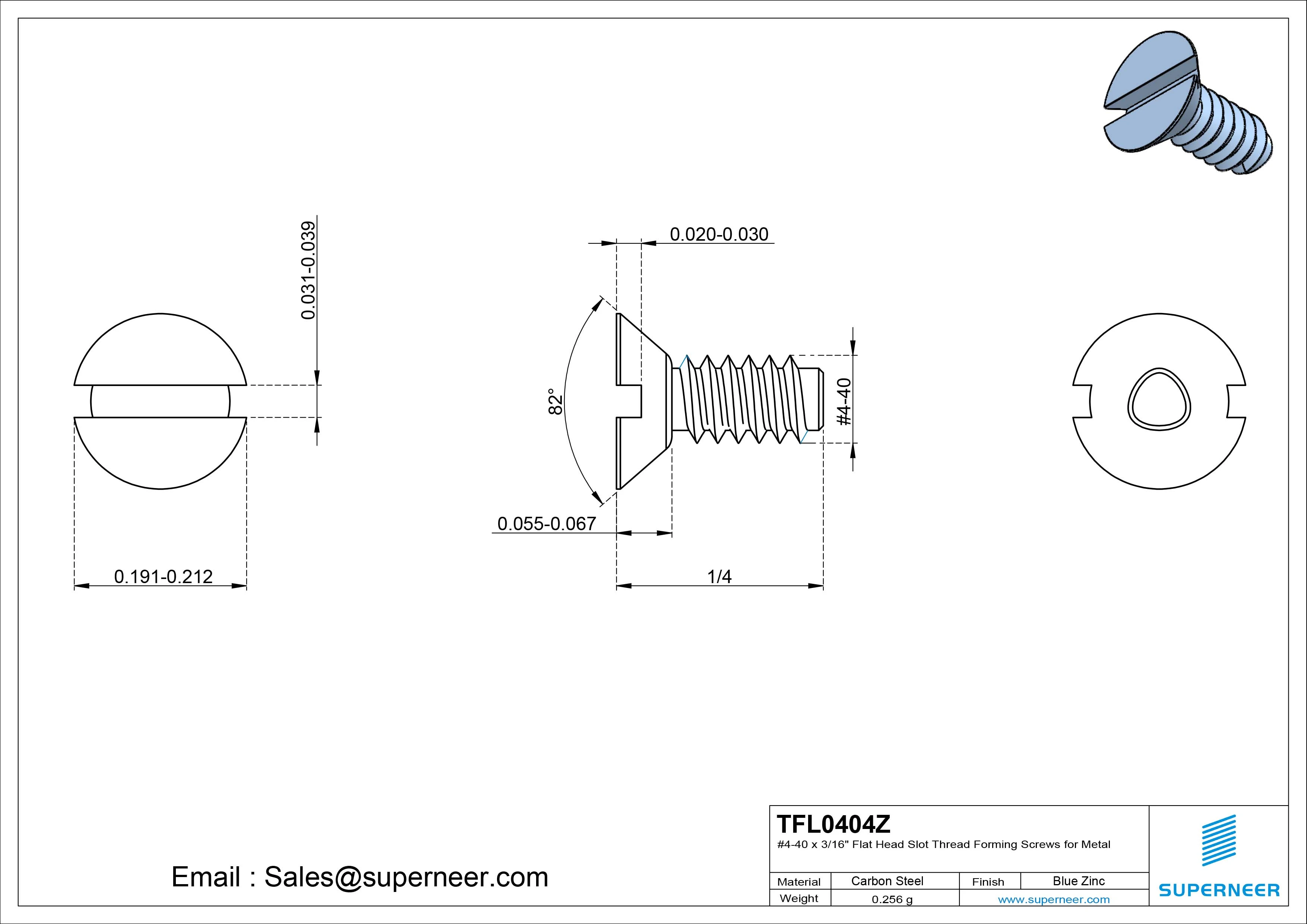 4-40 × 1/4 Flat Head Slot Thread Forming Screws for Metal Steel Blue Zinc Plated