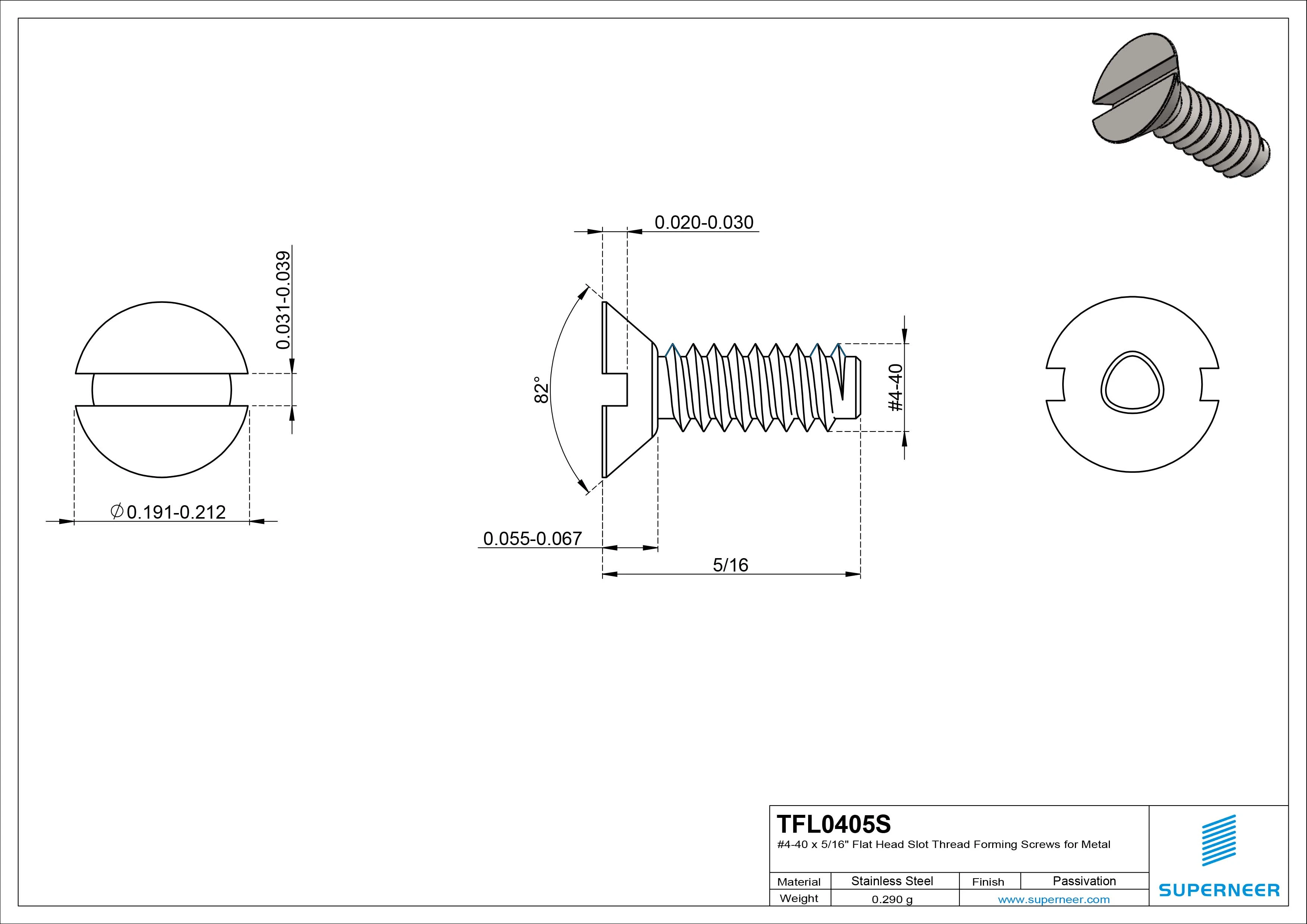 4-40 × 5/16 Flat Head Slot Thread Forming Screws for Metal SUS304 Stainless Steel Inox