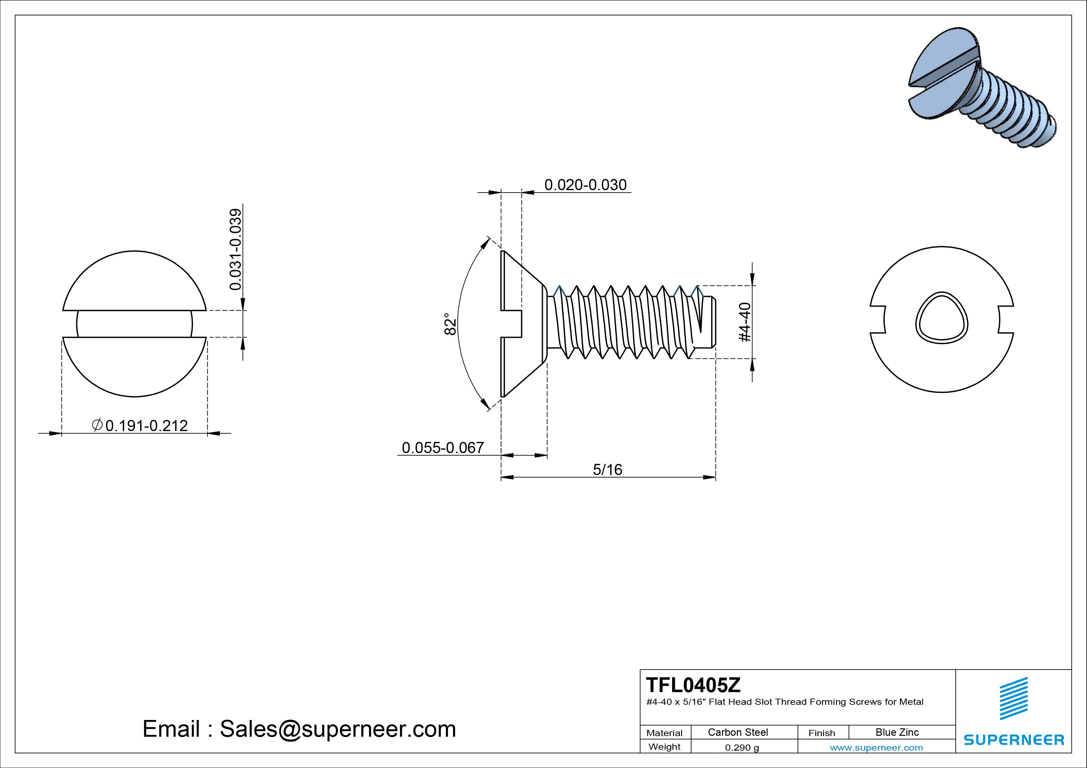 4-40 × 5/16 Flat Head Slot Thread Forming Screws for Metal Steel Blue Zinc Plated
