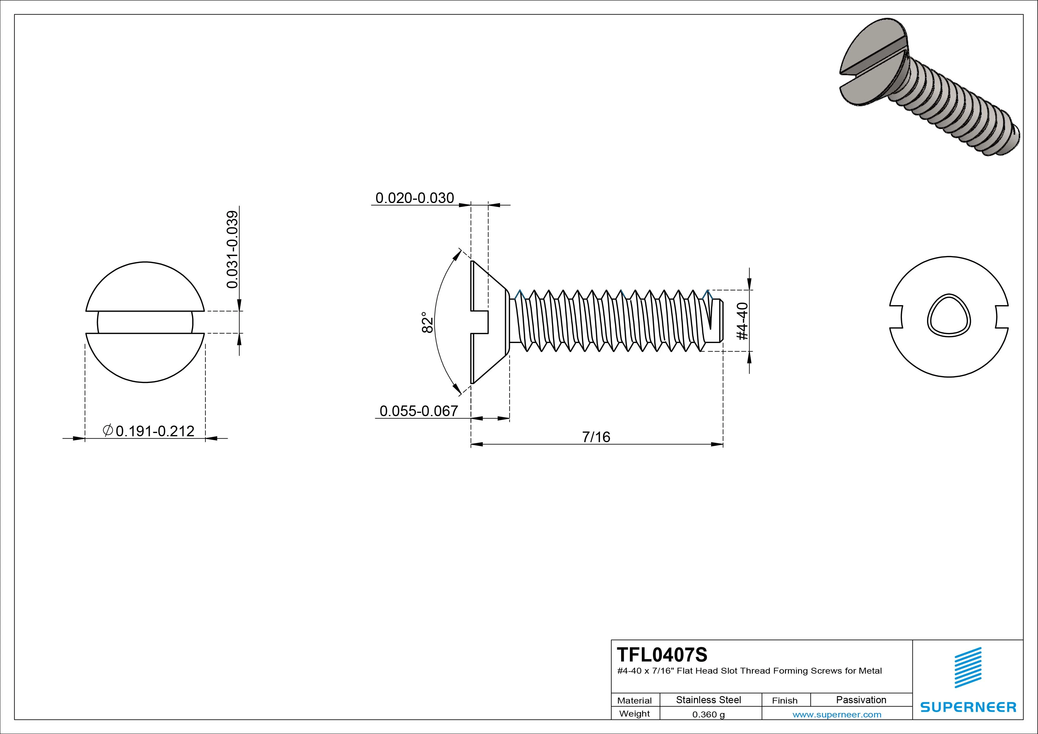 4-40 × 7/16 Flat Head Slot Thread Forming Screws for Metal SUS304 Stainless Steel Inox