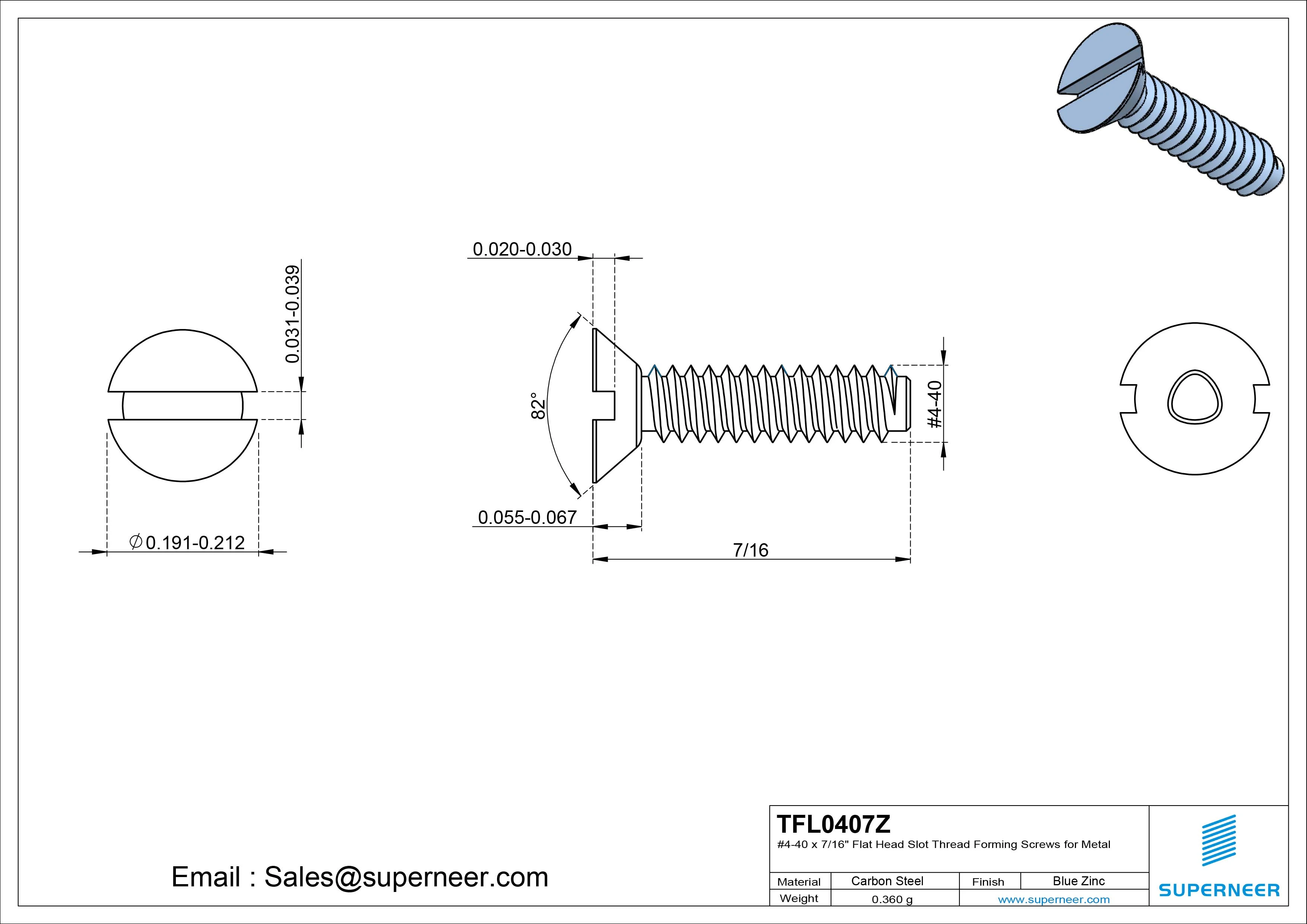 4-40 × 7/16 Flat Head Slot Thread Forming Screws for Metal Steel Blue Zinc Plated