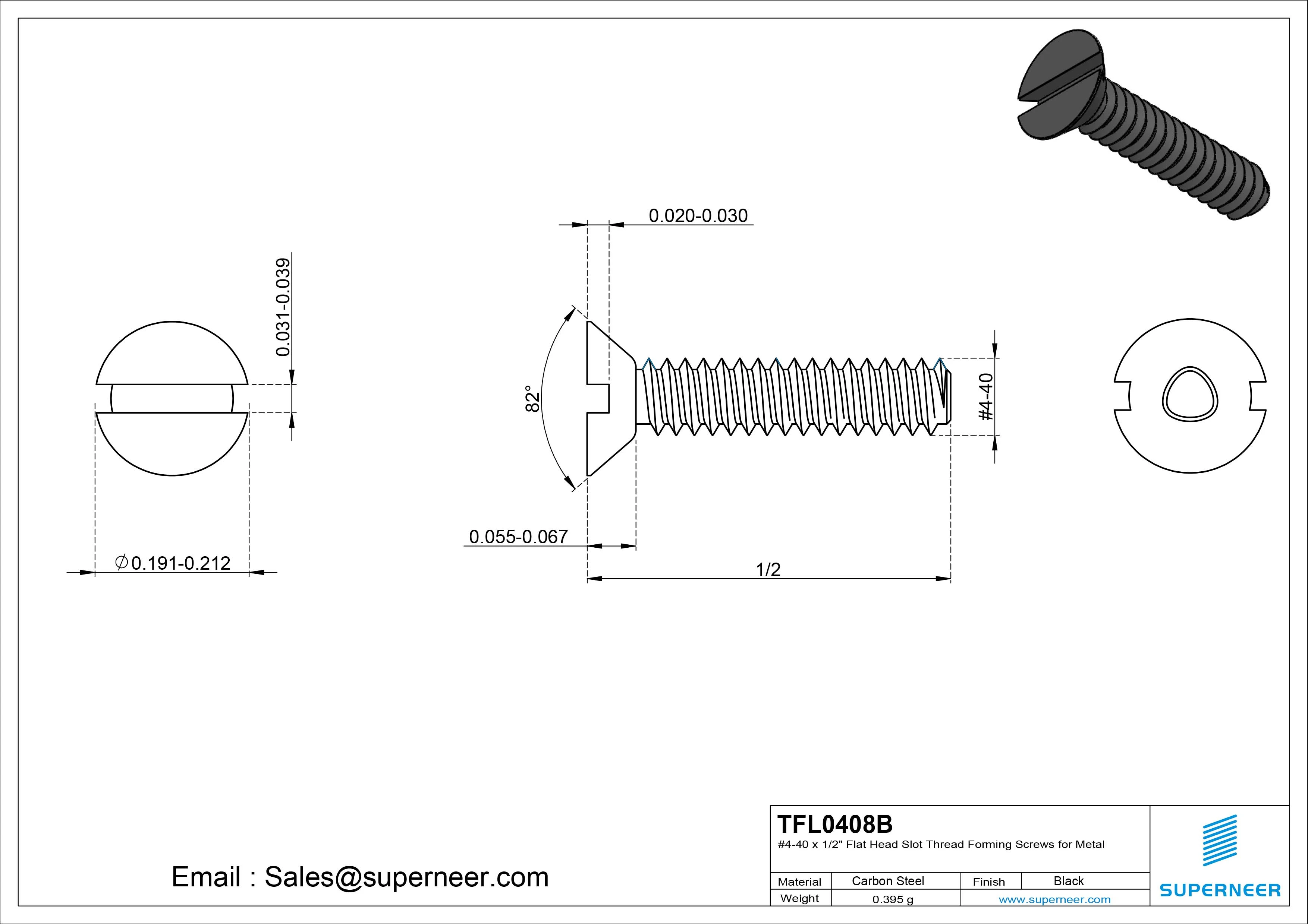 4-40 × 1/2 Flat Head Slot Thread Forming Screws for Metal Steel Black