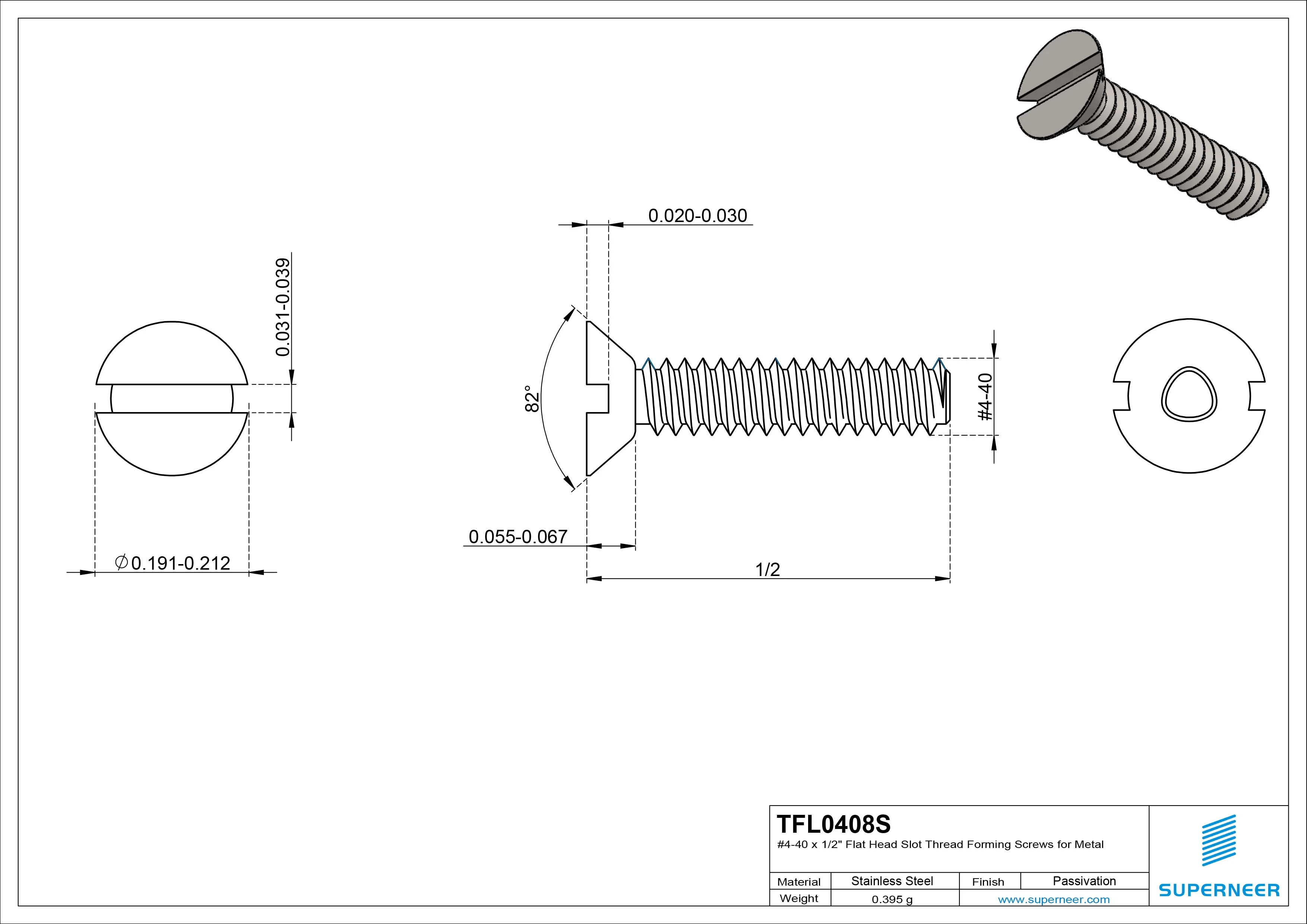 4-40 × 1/2 Flat Head Slot Thread Forming Screws for Metal SUS304 Stainless Steel Inox