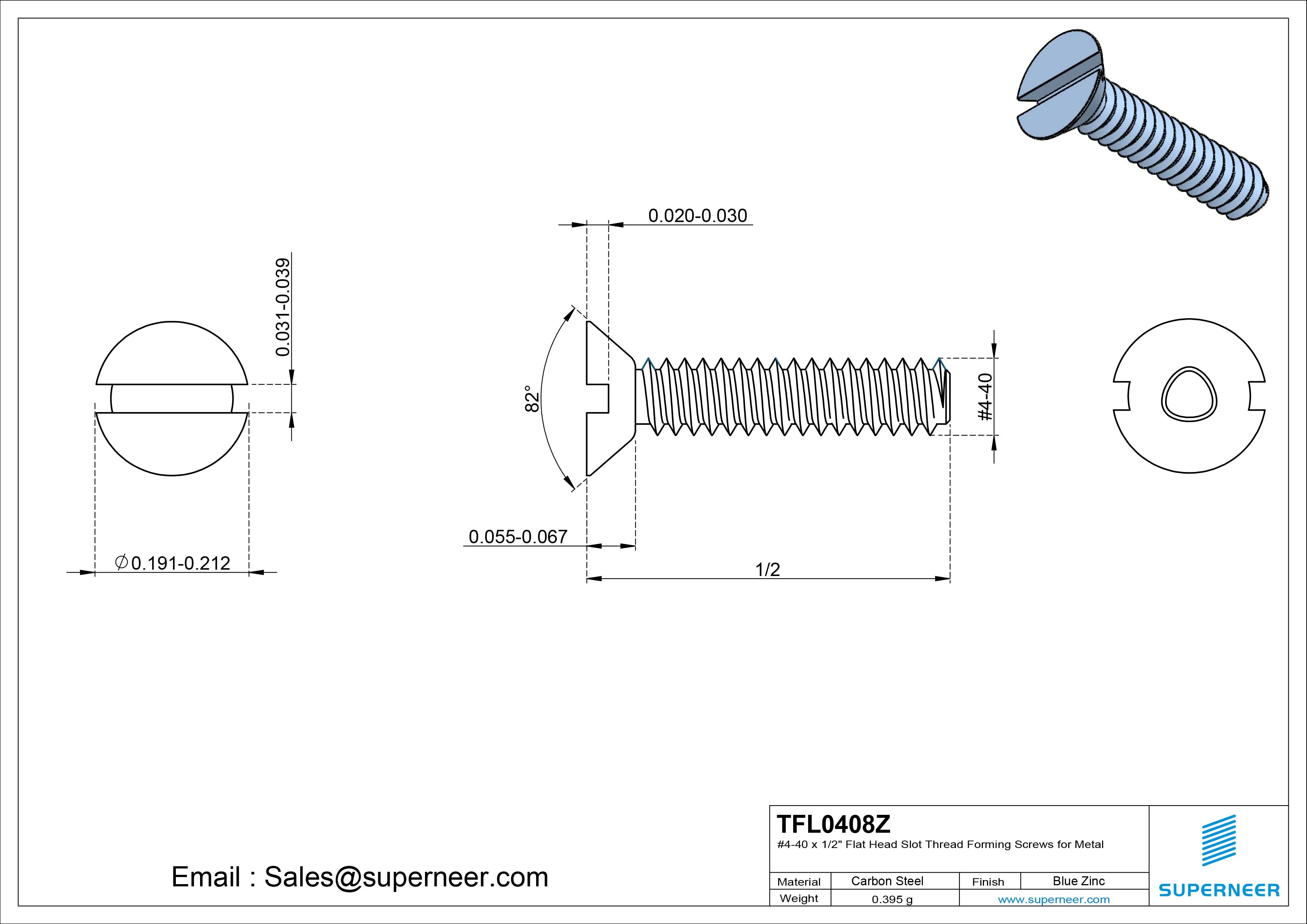 4-40 × 1/2 Flat Head Slot Thread Forming Screws for Metal Steel Blue Zinc Plated