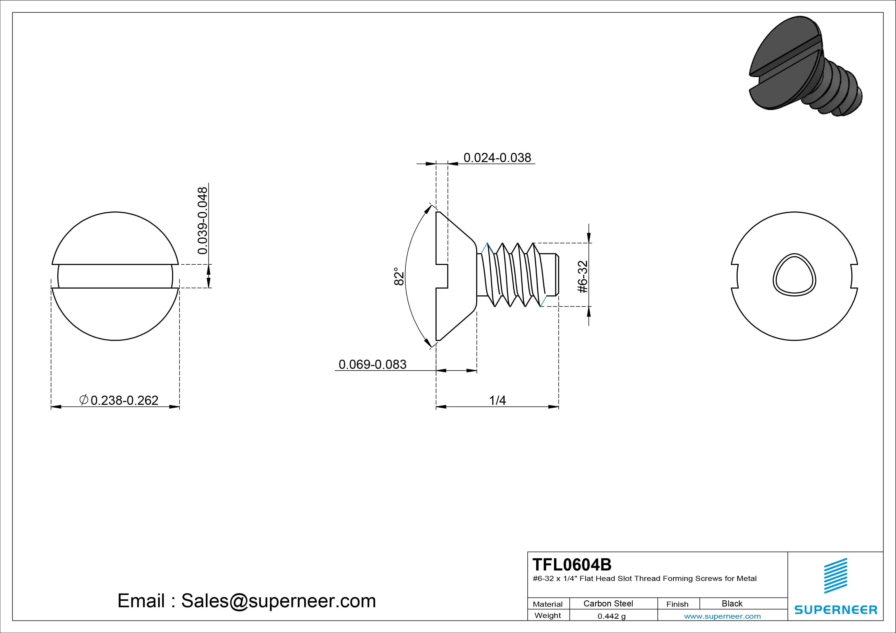 6-32 × 1/4 Flat Head Slot Thread Forming Screws for Metal Steel Black