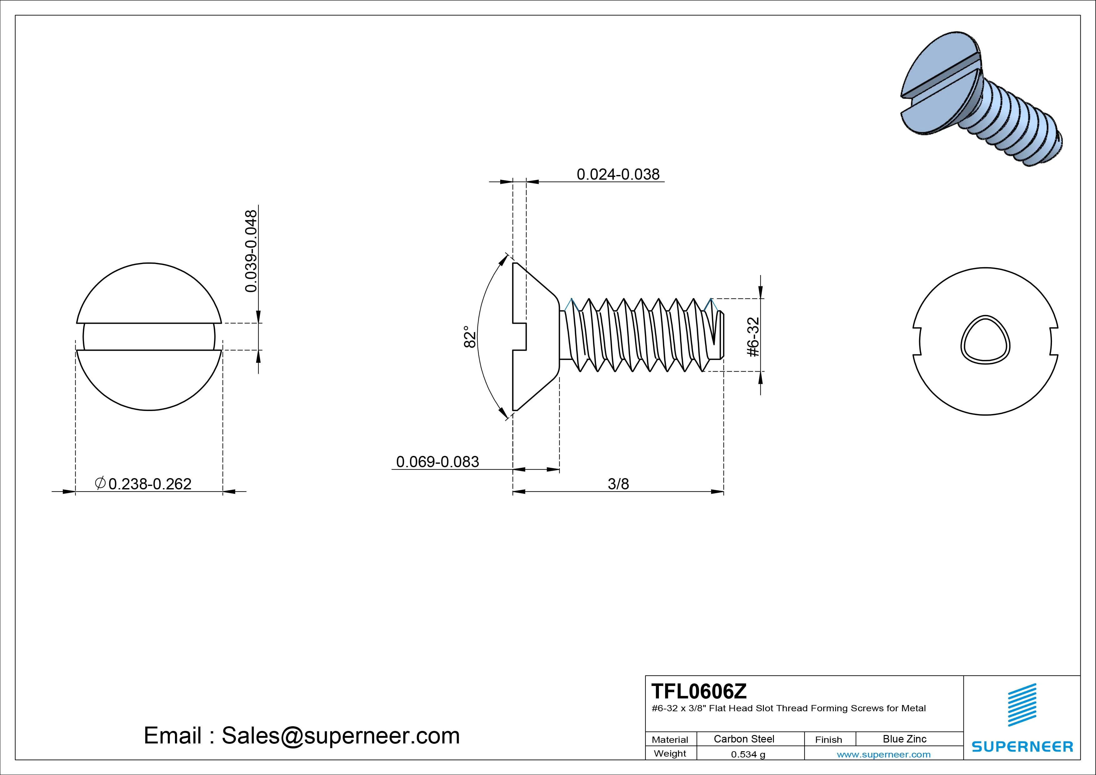 6-32 × 3/8 Flat Head Slot Thread Forming Screws for Metal Steel Blue Zinc Plated