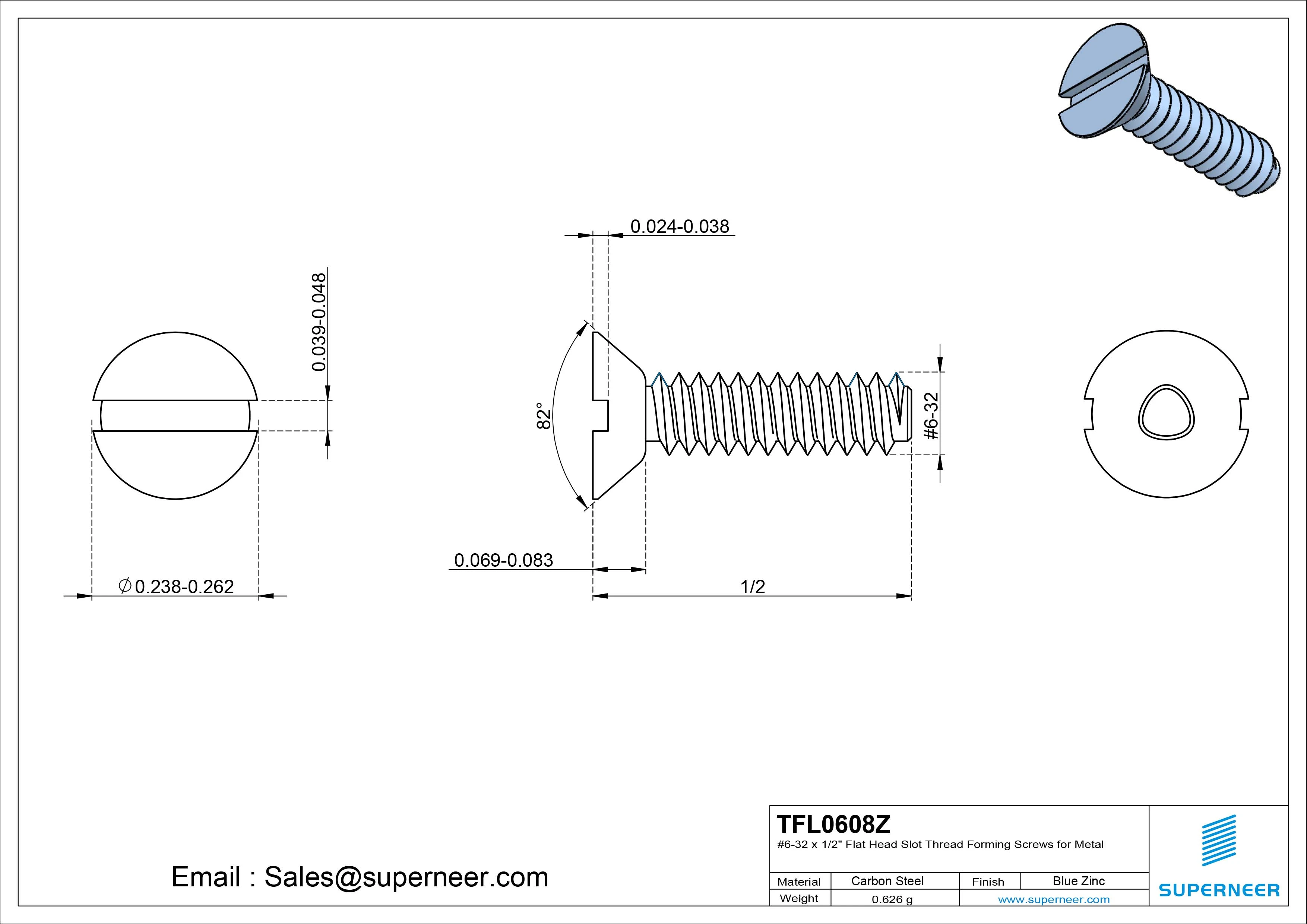 6-32 × 1/2 Flat Head Slot Thread Forming Screws for Metal Steel Blue Zinc Plated